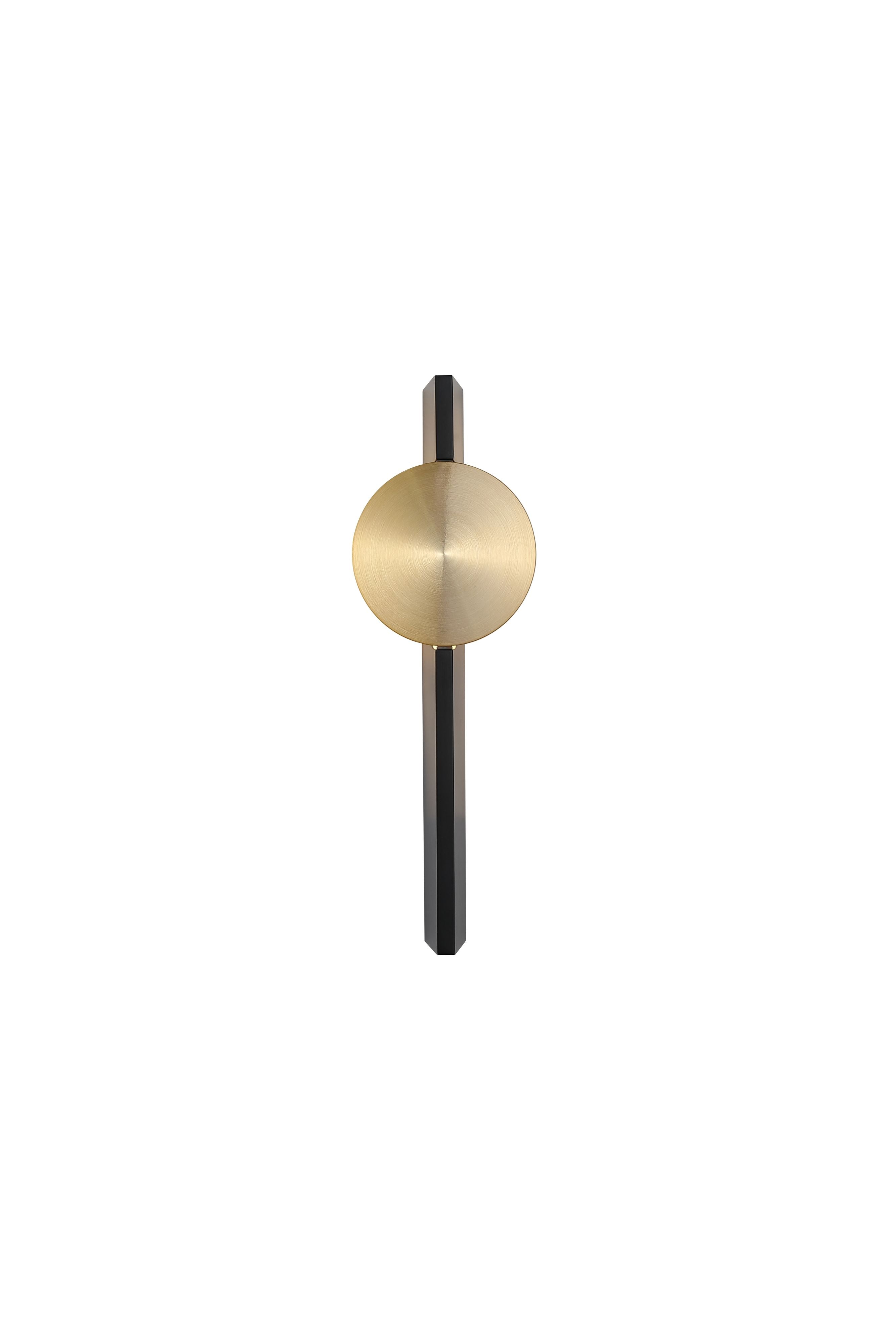 Searchlight Shield LED Wall Light in sand black and brass, front studio shot on a white background showing the slim black bar with a circular brushed brass disc