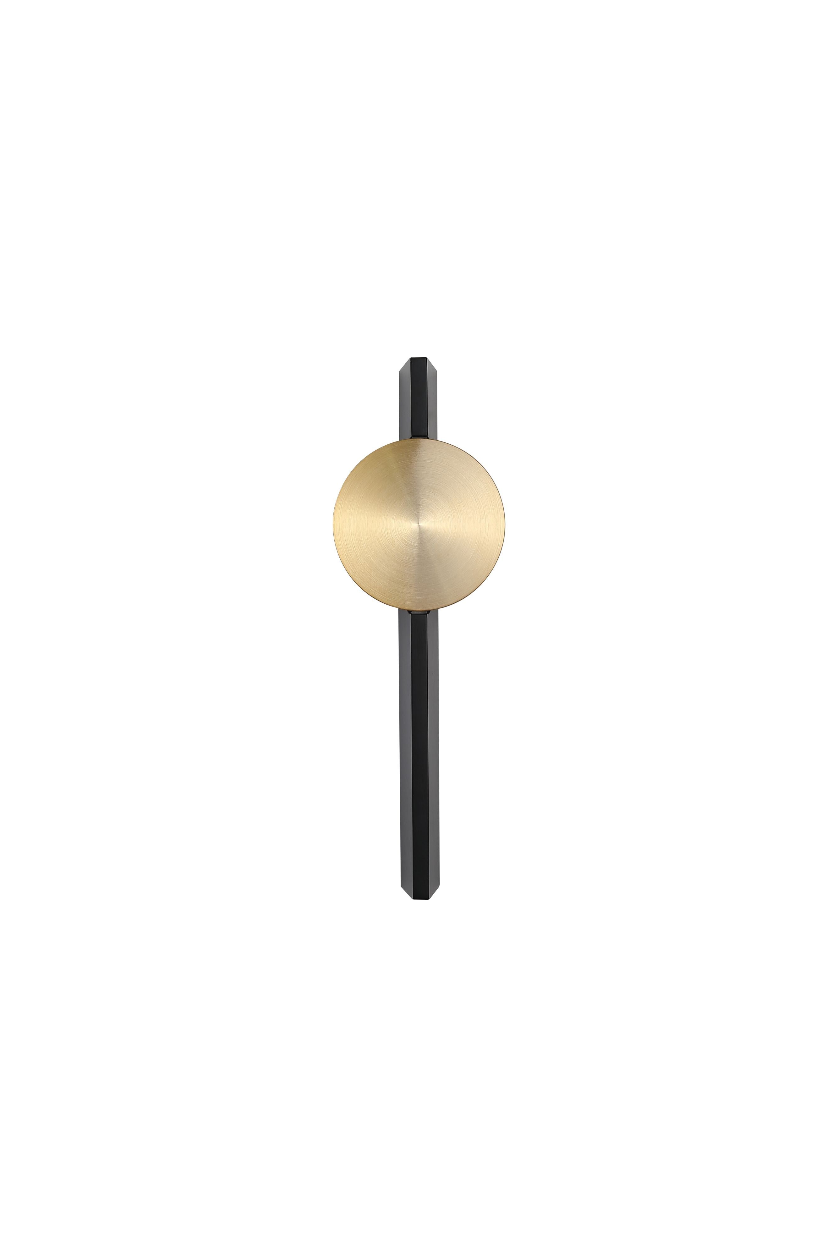 Searchlight Shield LED Wall Light in sand black and brass, front studio shot on a white background - view 2