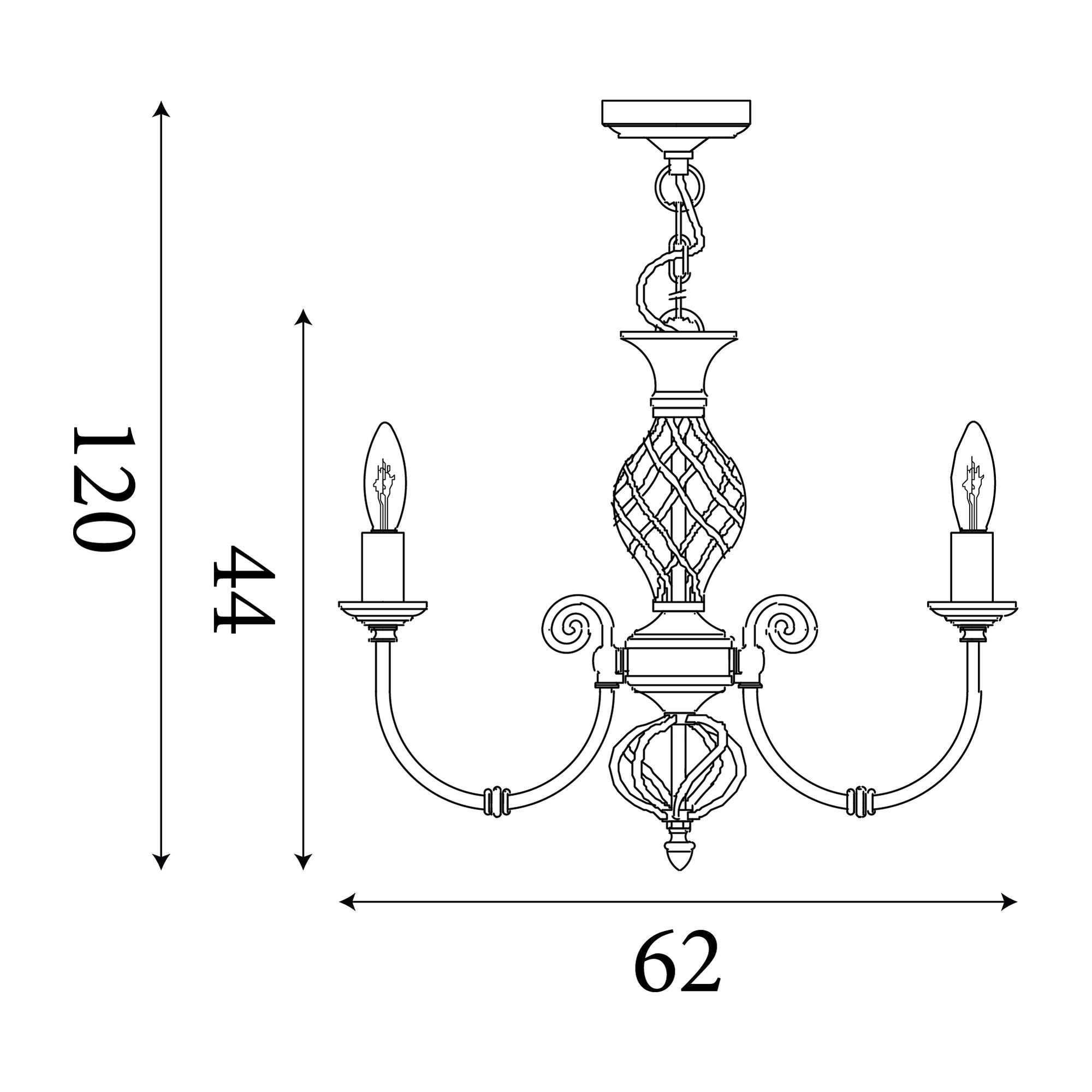 Technical line drawing of the Searchlight Zanzibar 8 Light Pendant showing a 120cm maximum drop and 62cm spread