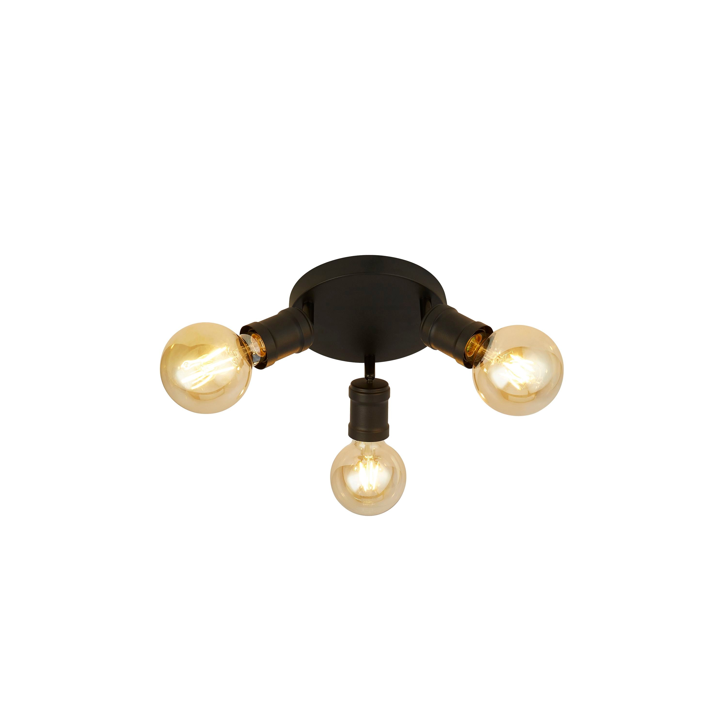 Searchlight Dance 3 light flush ceiling light in sand black, three adjustable arms fitted with amber tinted vintage style globe bulbs