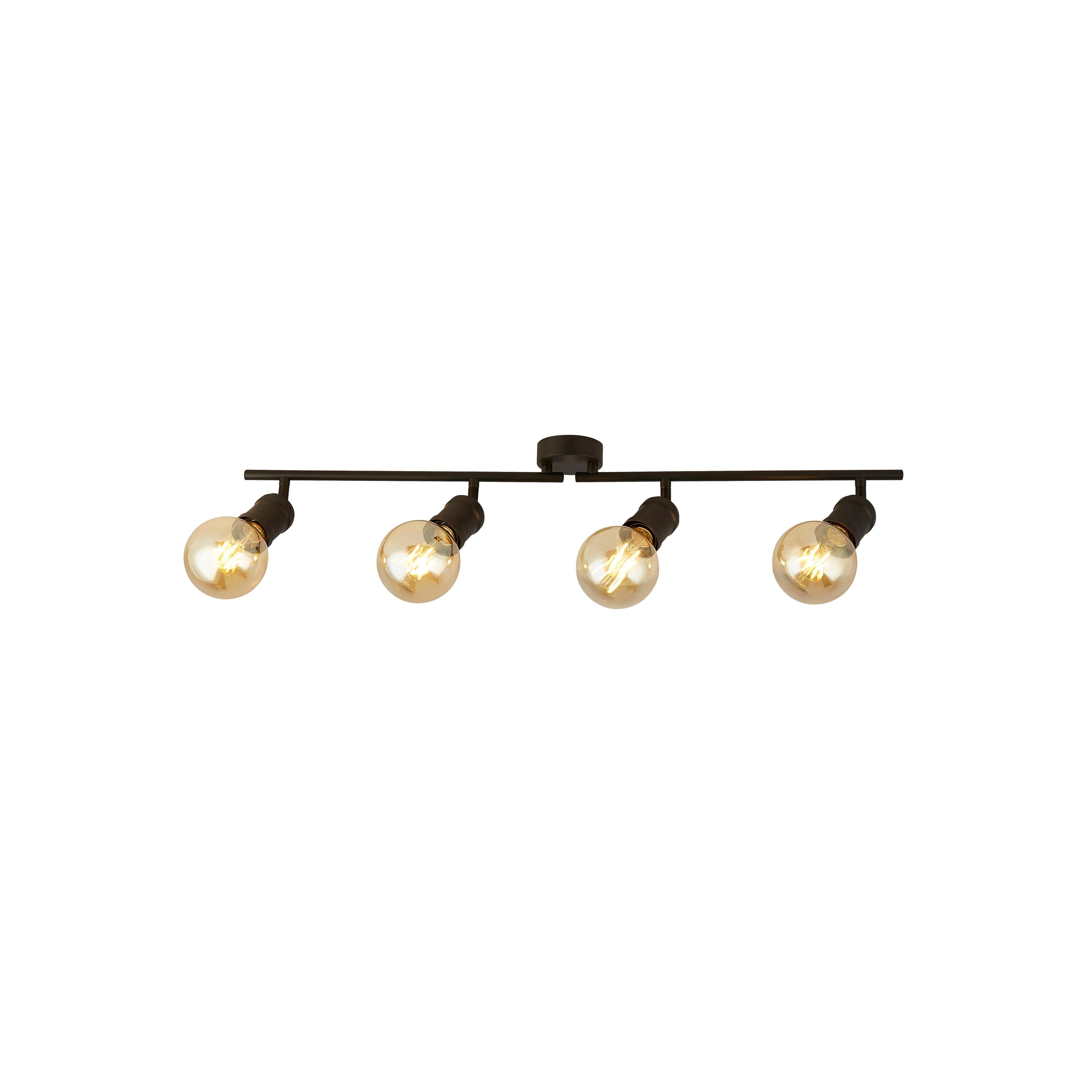 Searchlight Dance 4 light split bar spotlight in sand black, straight bar fitted with four amber tinted vintage style globe bulbs