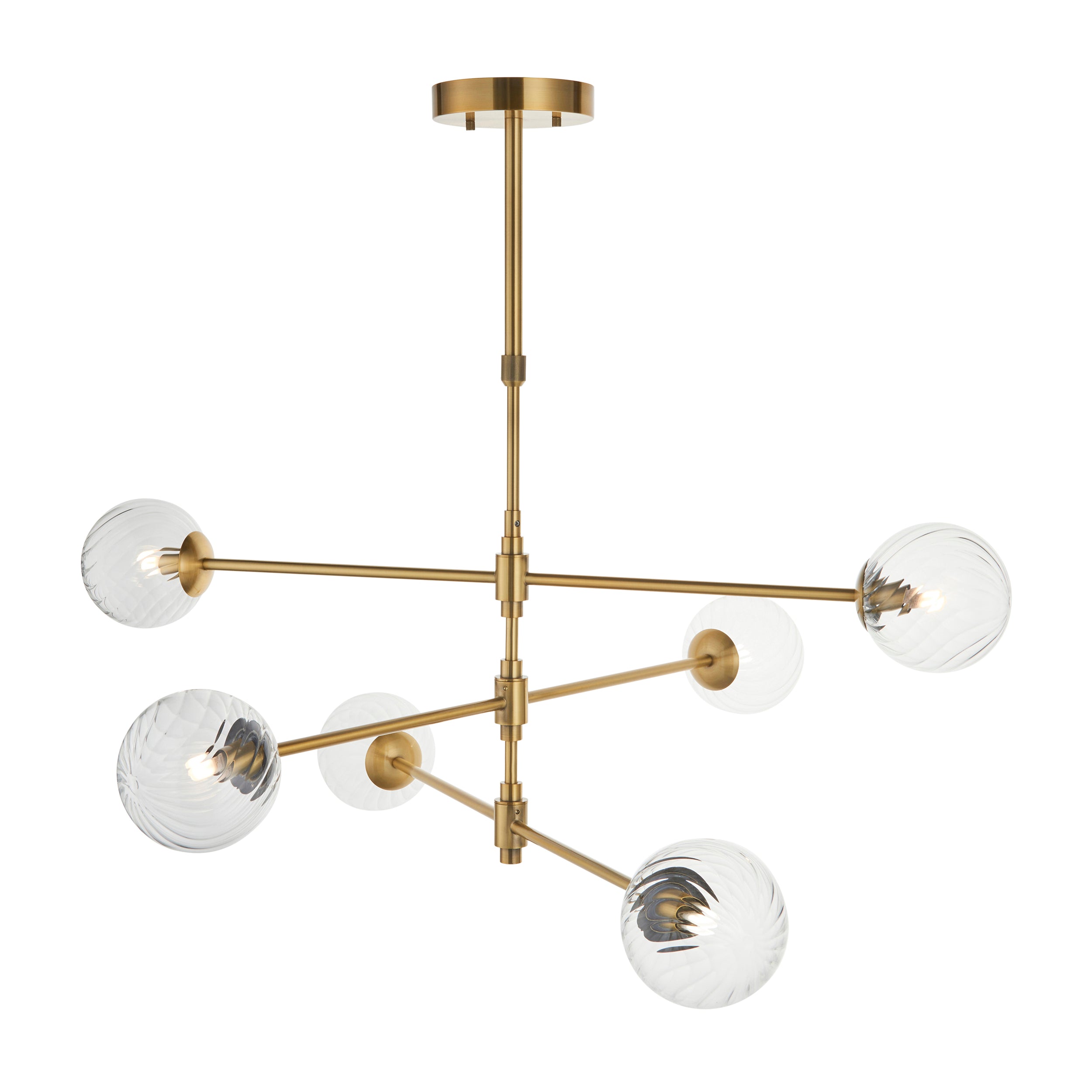 Utopia Atomic 6 Light Pendant - Brushed Aged Brass & Twisted Clear Glass