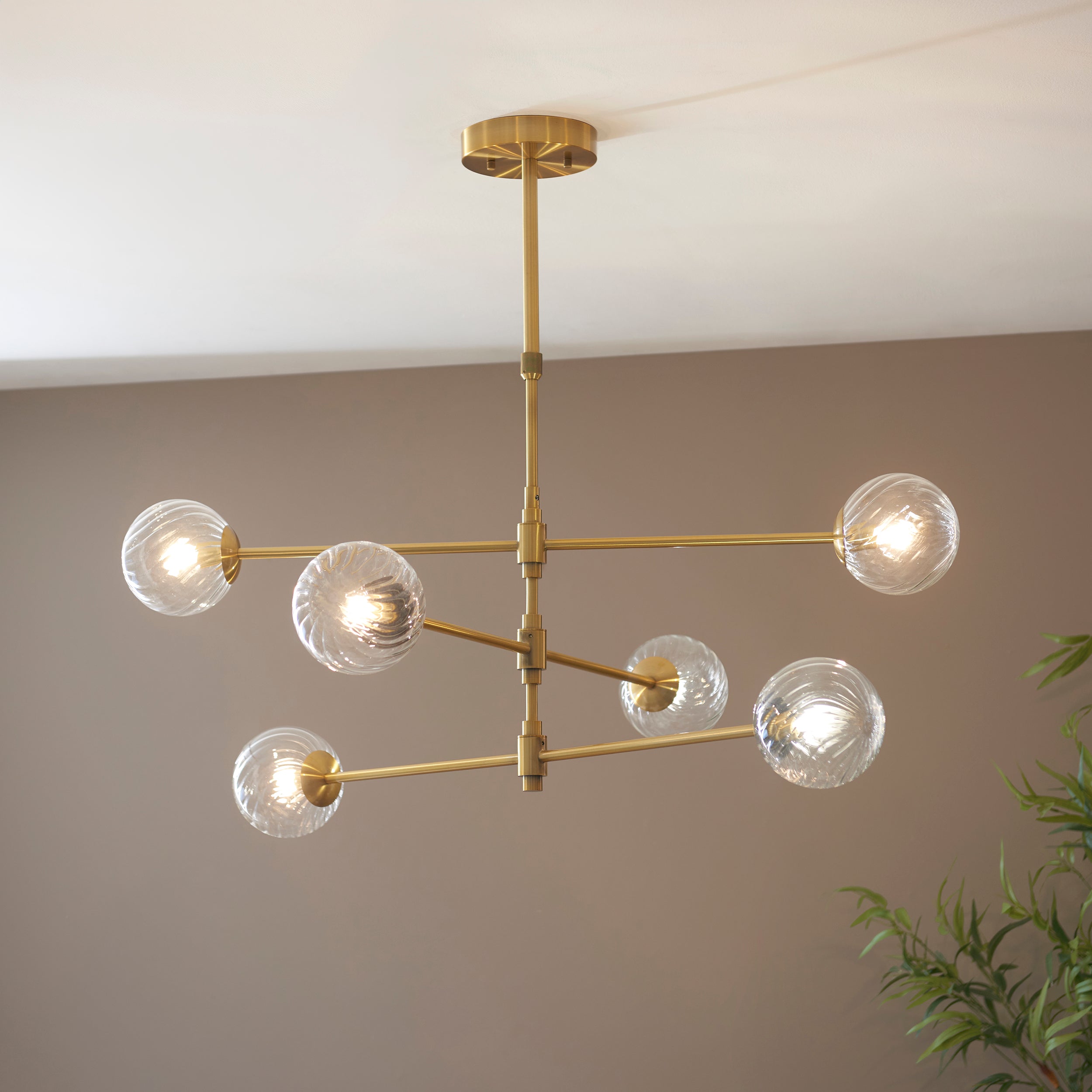Utopia Atomic 6 Light Pendant - Brushed Aged Brass & Twisted Clear Glass