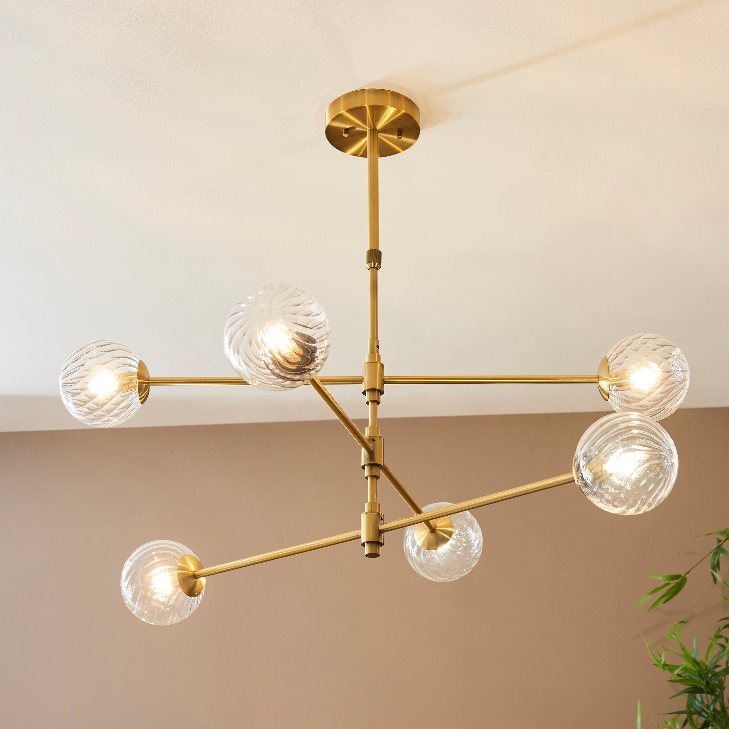 Utopia Atomic 6 Light Pendant - Brushed Aged Brass & Twisted Clear Glass