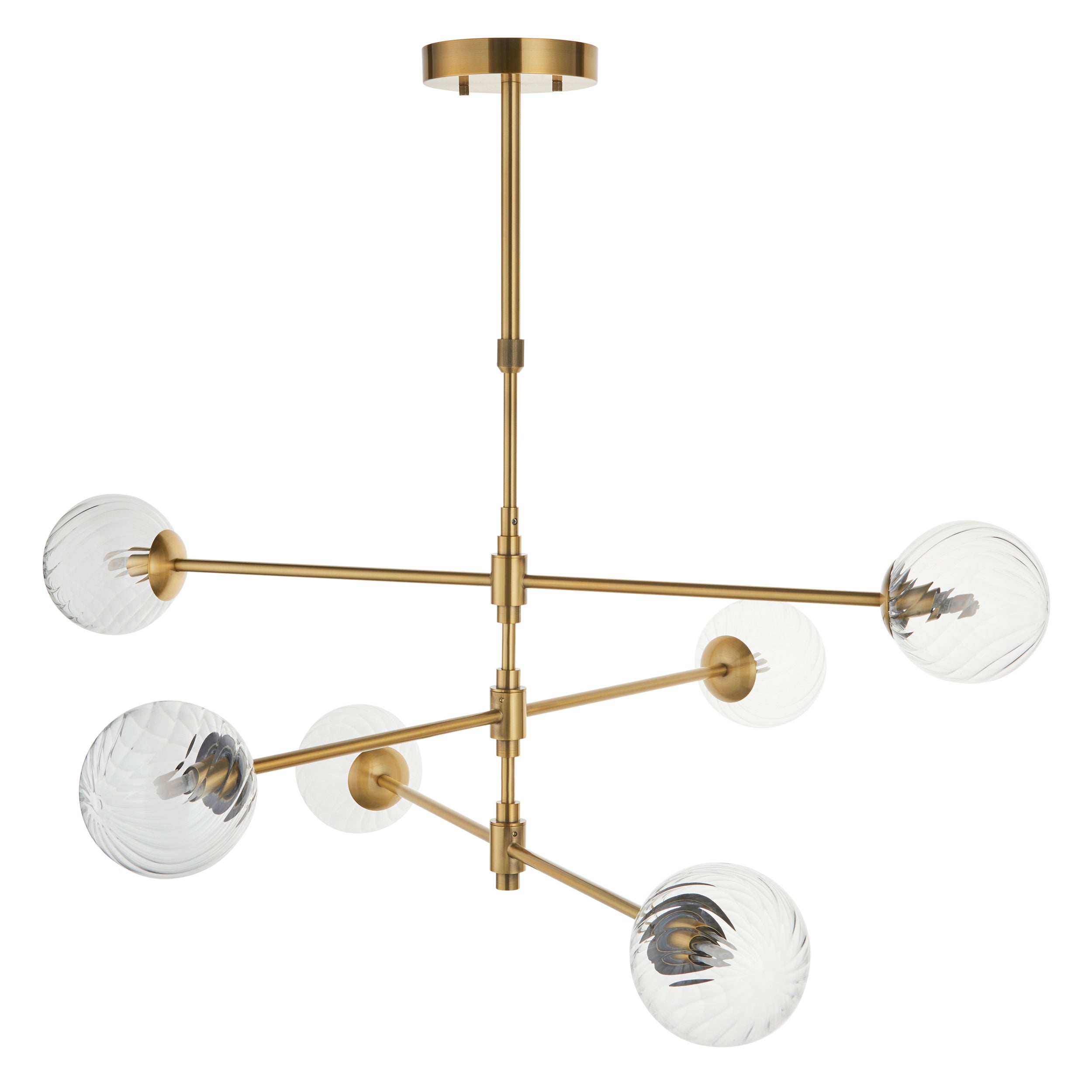 Utopia Atomic 6 Light Pendant - Brushed Aged Brass & Twisted Clear Glass