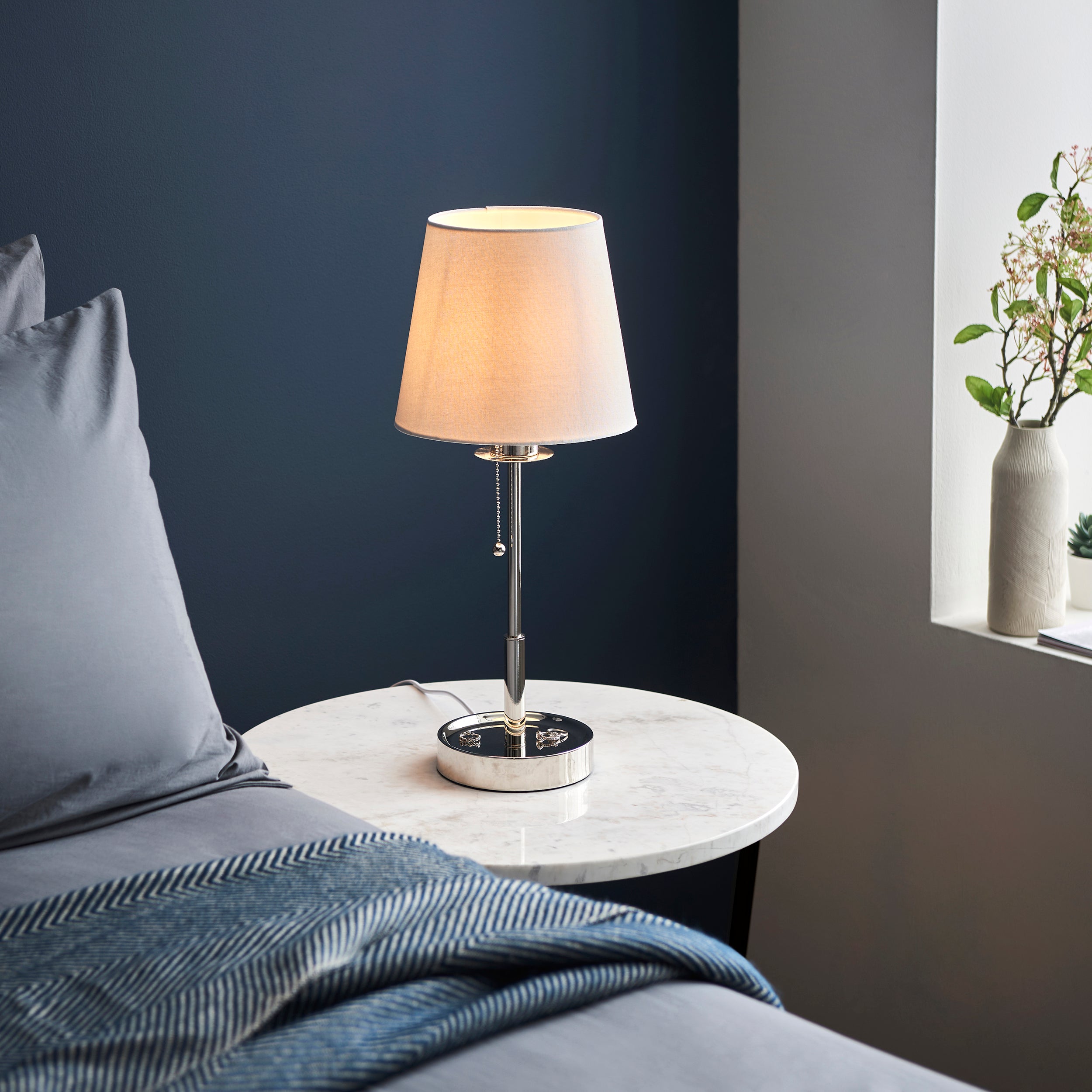 Utopia Eton Vanity Table Lamp - Bright Nickel & Vintage White Tapered Shade
