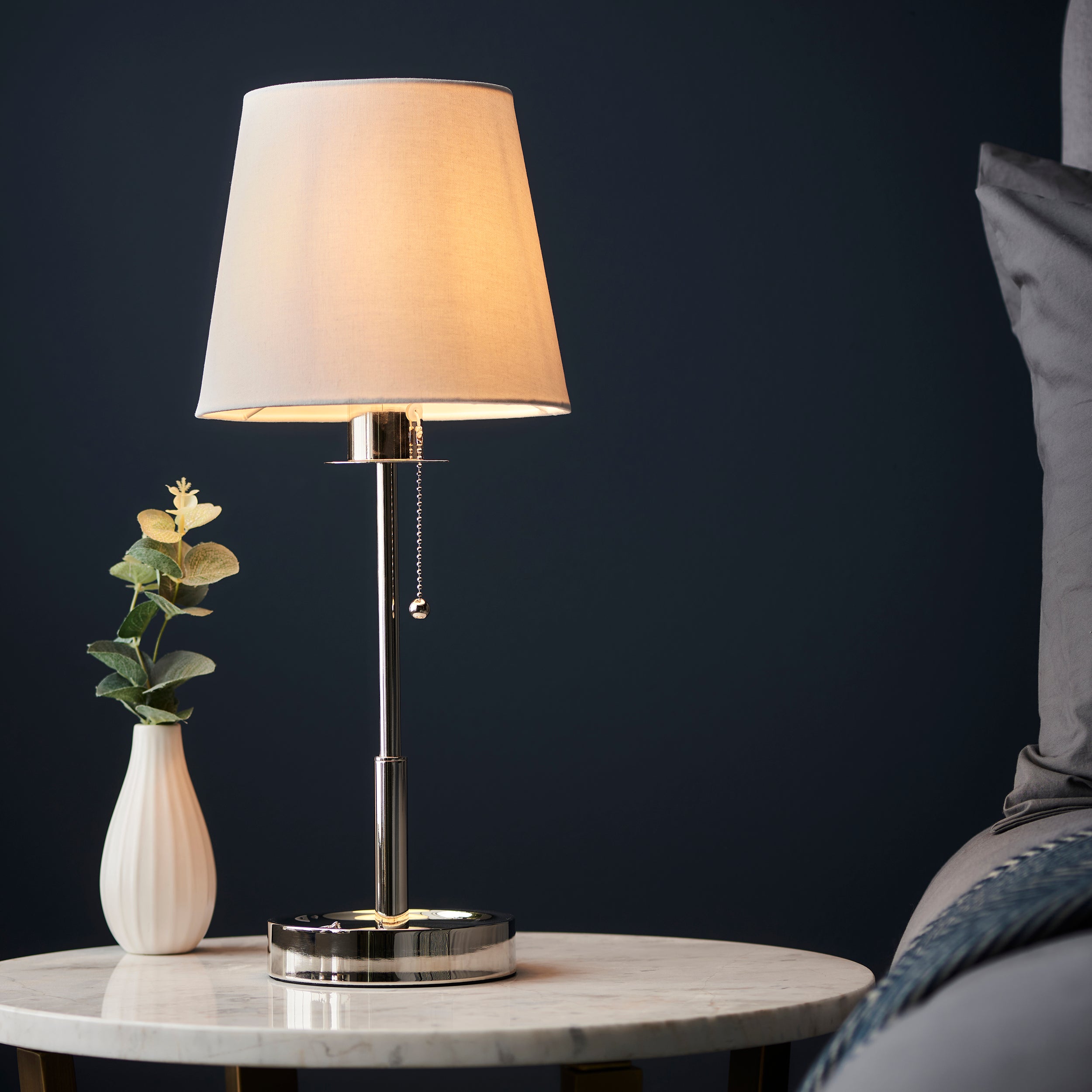 Utopia Eton Vanity Table Lamp - Bright Nickel & Vintage White Tapered Shade