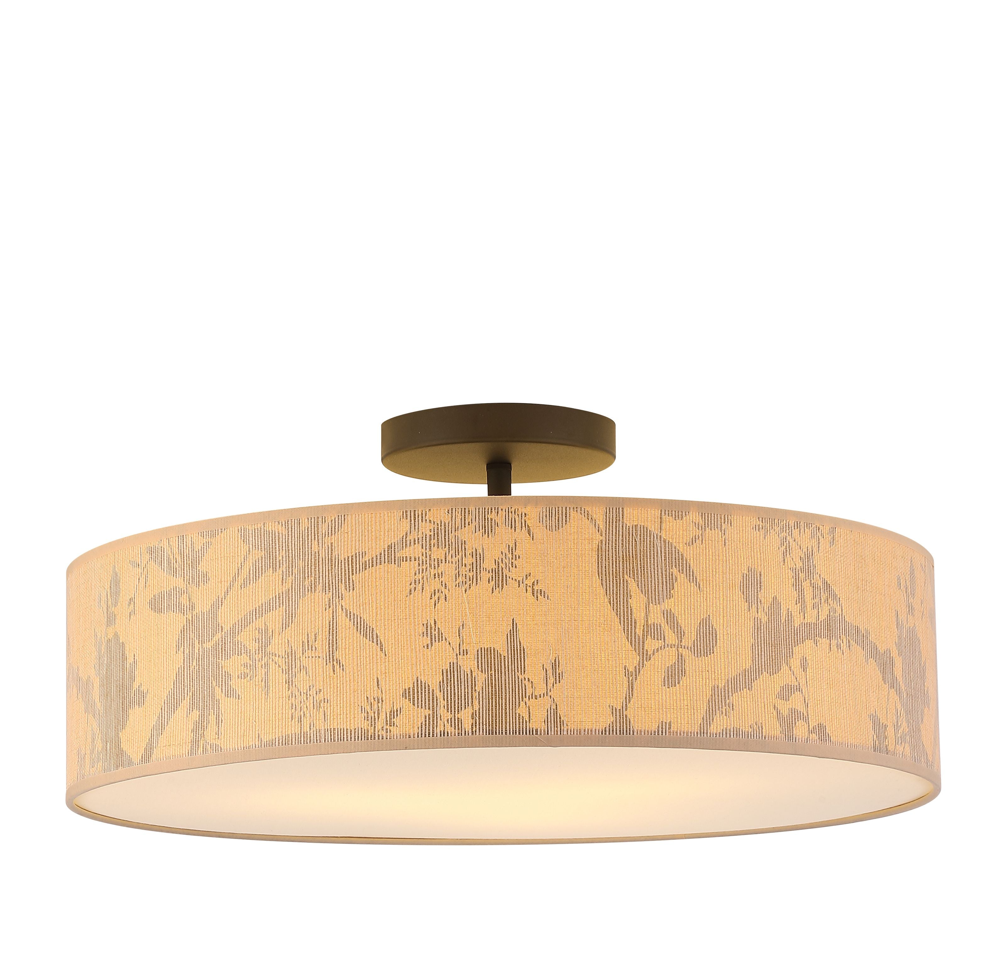 Searchlight Isla 3 Light Flush ceiling light with a natural leaf print recycled paper drum shade and a bronze toned ceiling canopy, studio shot on a white background
