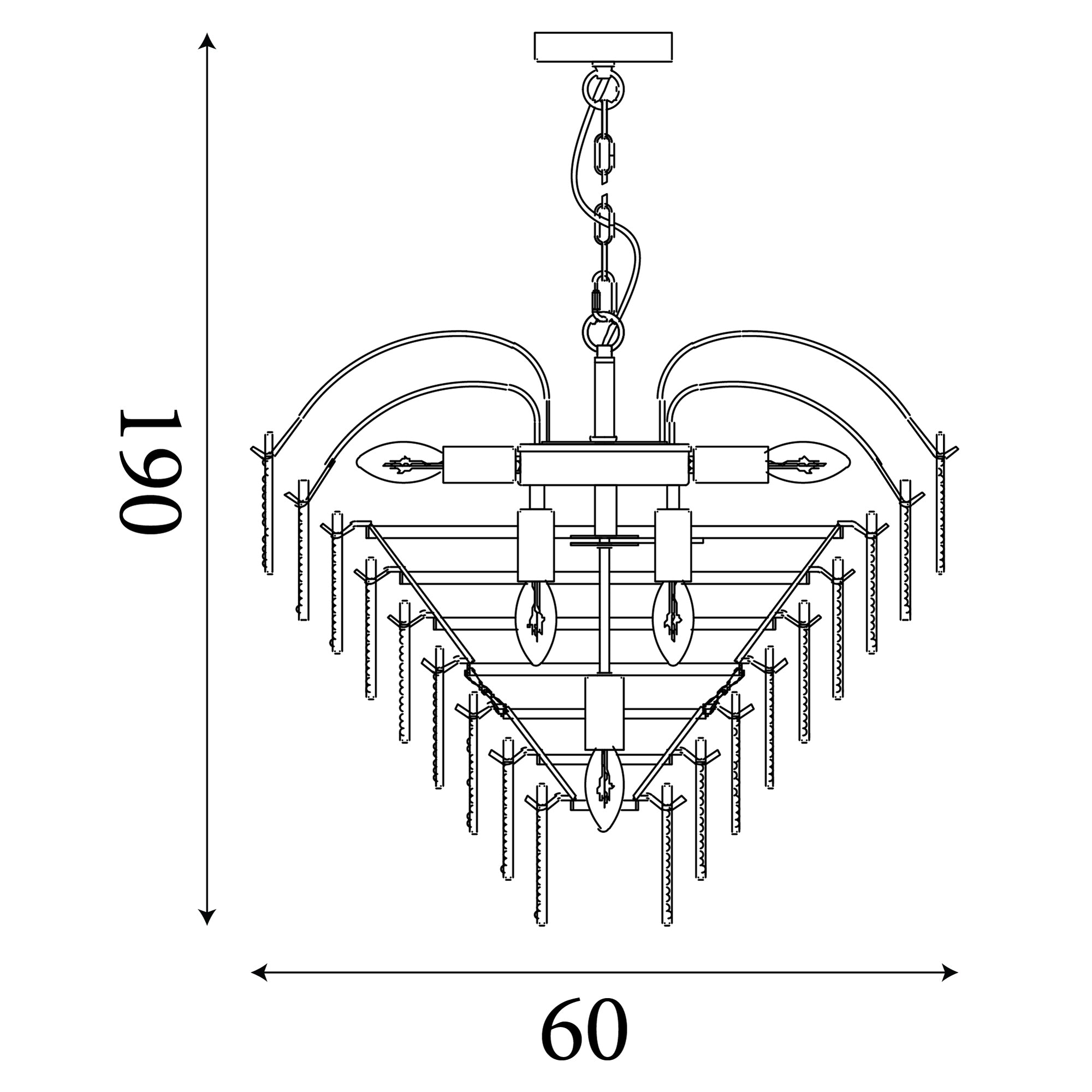 Technical line drawing of the Searchlight Feather 10 light pendant showing dimensions of 190cm high and 60cm wide