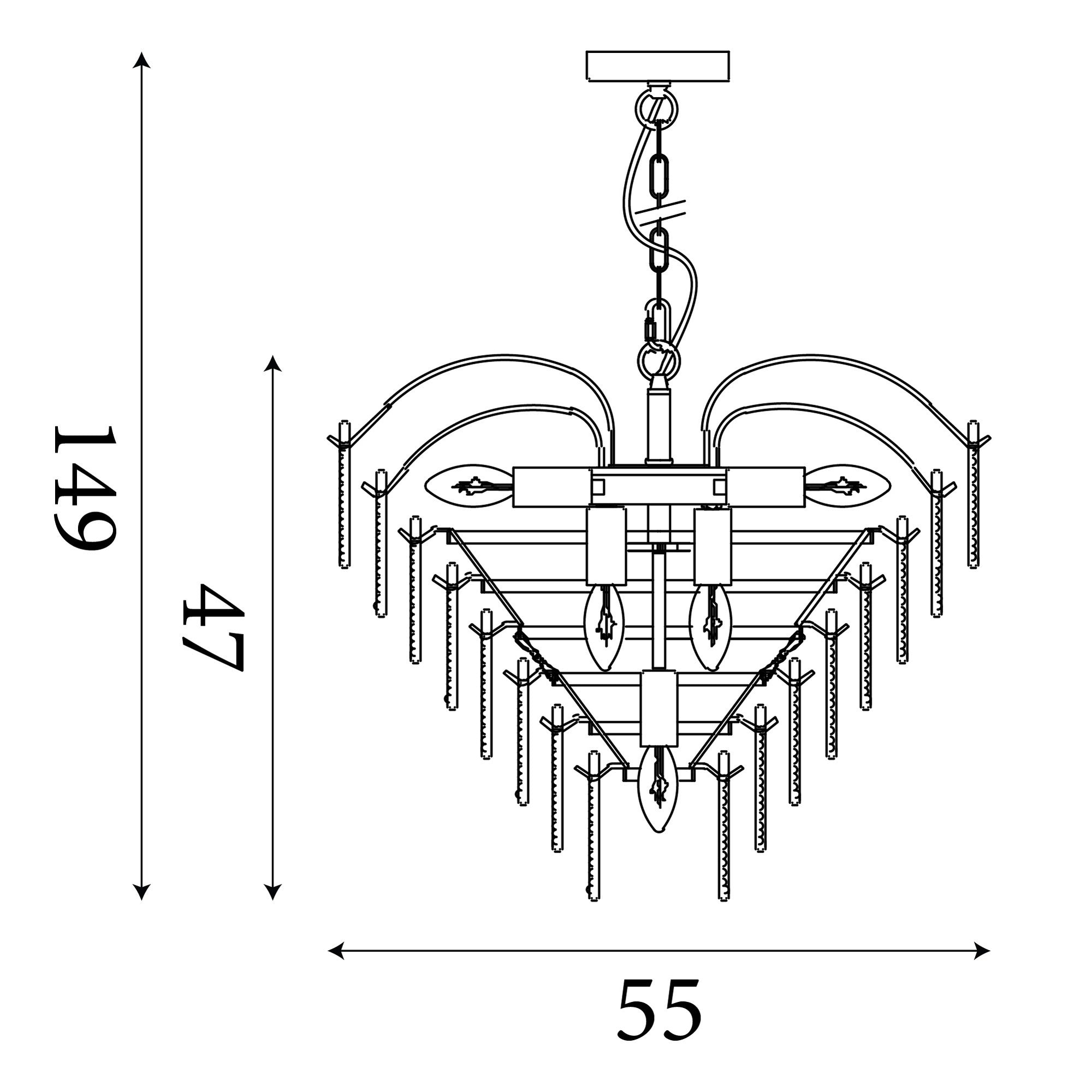 Technical line drawing of the Searchlight Feather 6 light pendant showing a maximum height of 149cm, a 47cm fixed drop and 55cm width