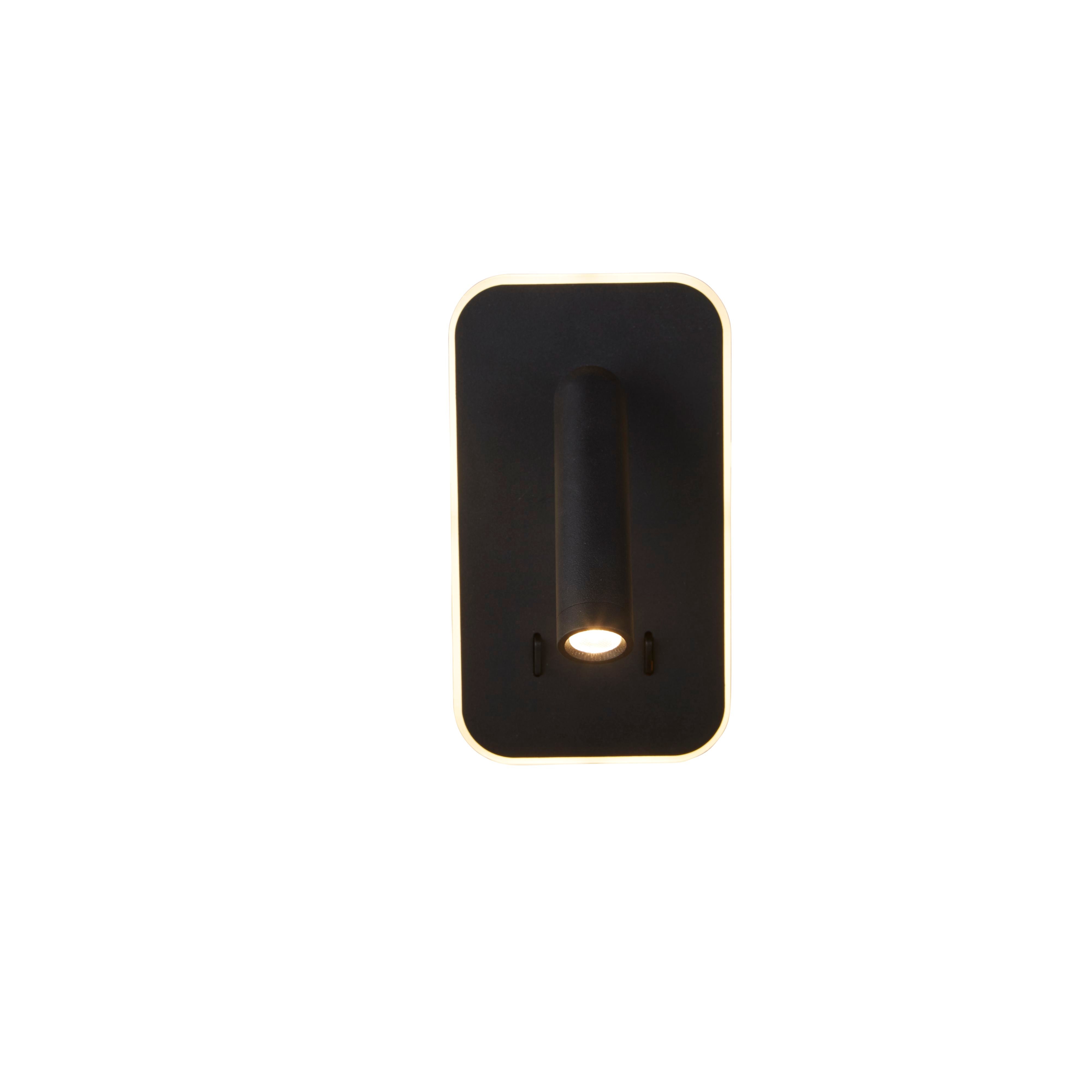 Searchlight Sonny LED Wall Light in black, front view with the acrylic edge trim and integrated spotlight both lit