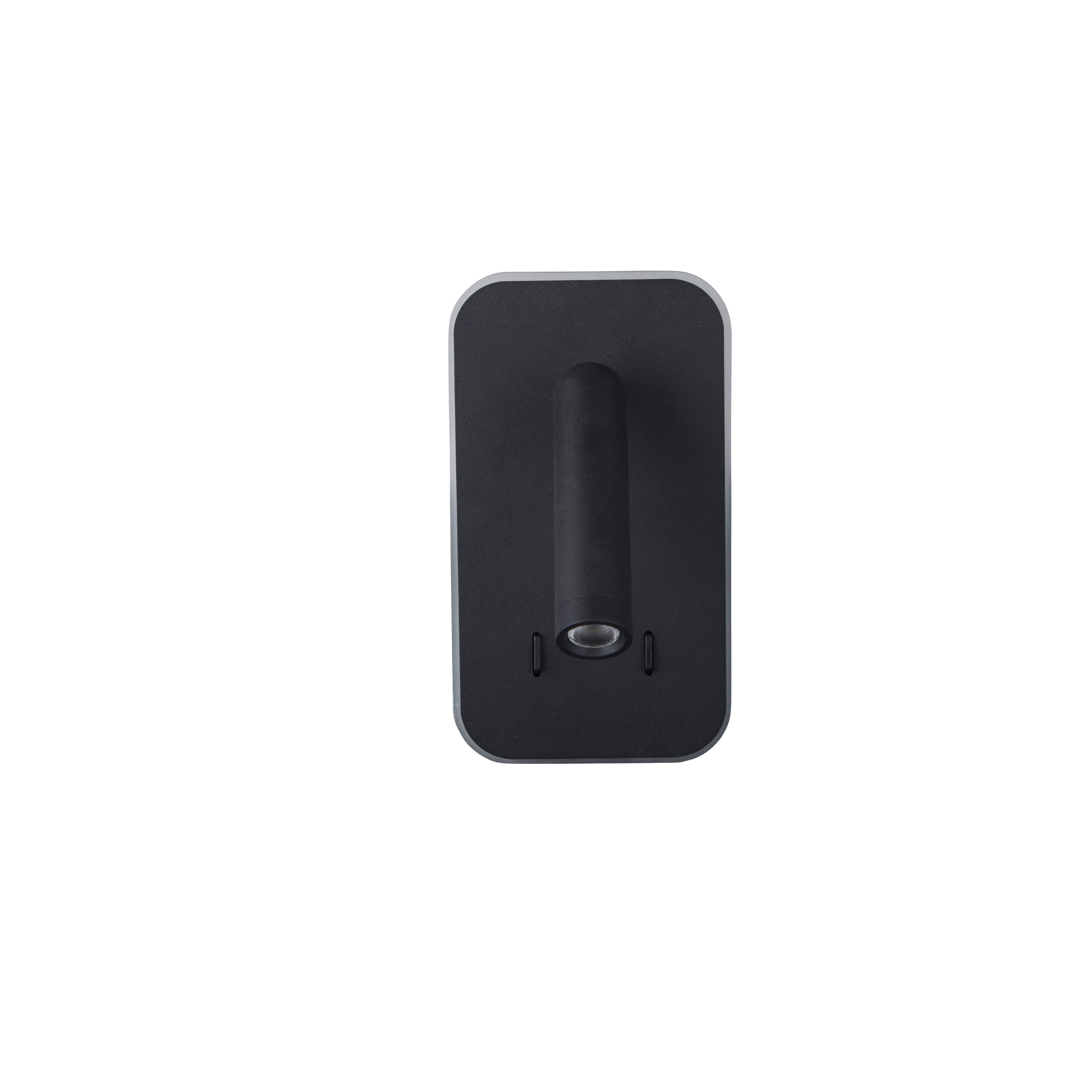 Searchlight Sonny LED Wall Light in black, angled view showing the two rocker switches and the integrated spotlight