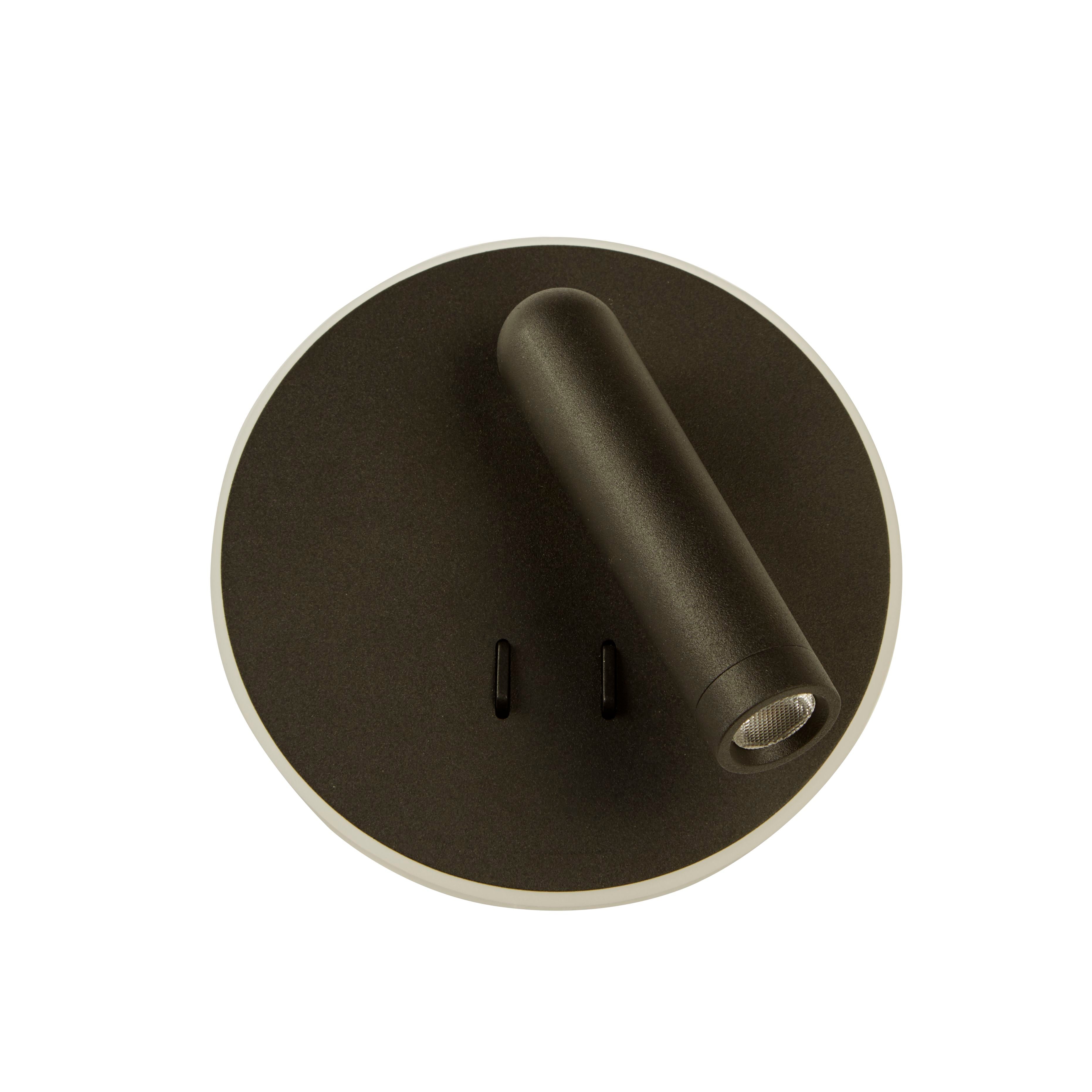 Straight on view of the black Cher wall light with the spotlight pointing toward the lower right and the two rocker switches visible on the backplate