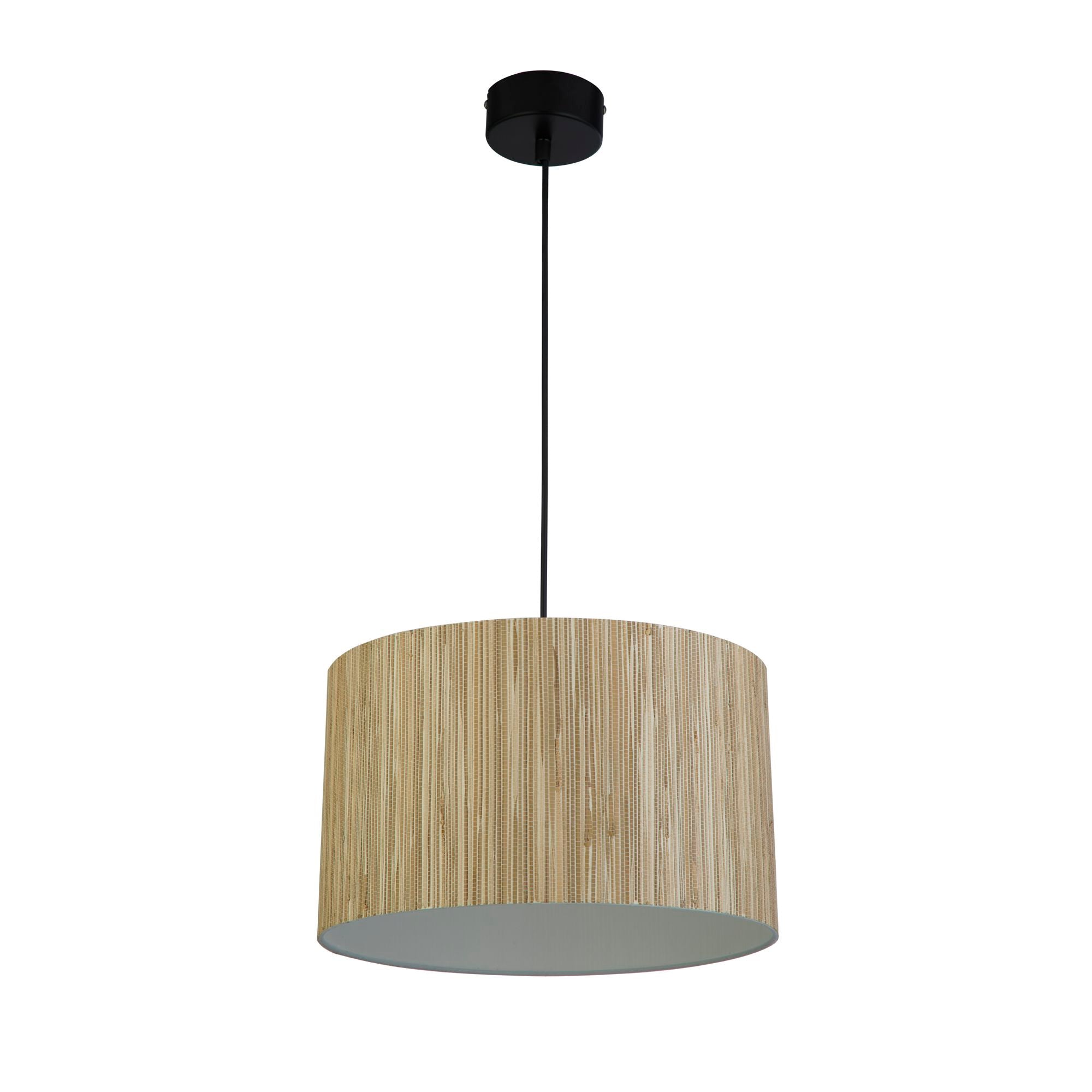 Searchlight Meadow pendant light, second studio angle showing the natural grass shade and black suspension flex