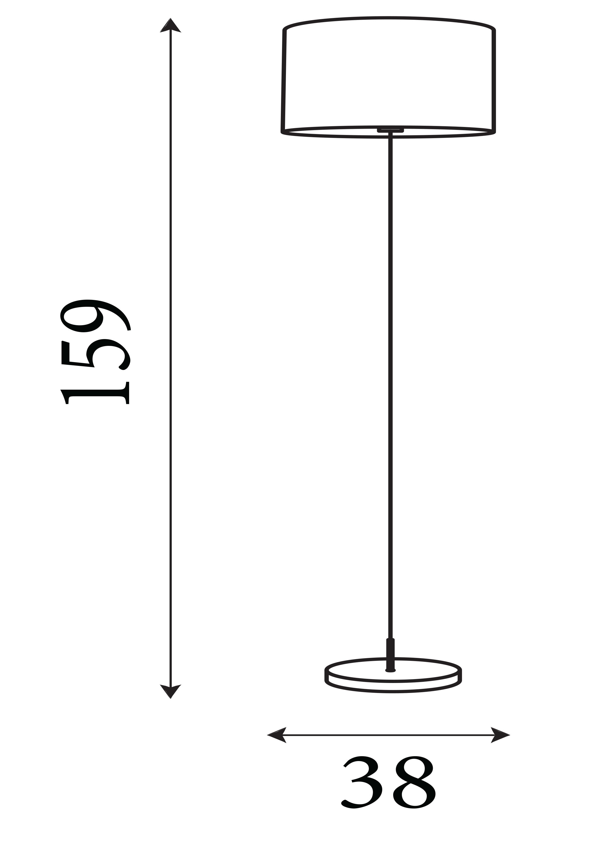 Technical line drawing of the Searchlight Meadow floor lamp showing 159cm height and 38cm base width