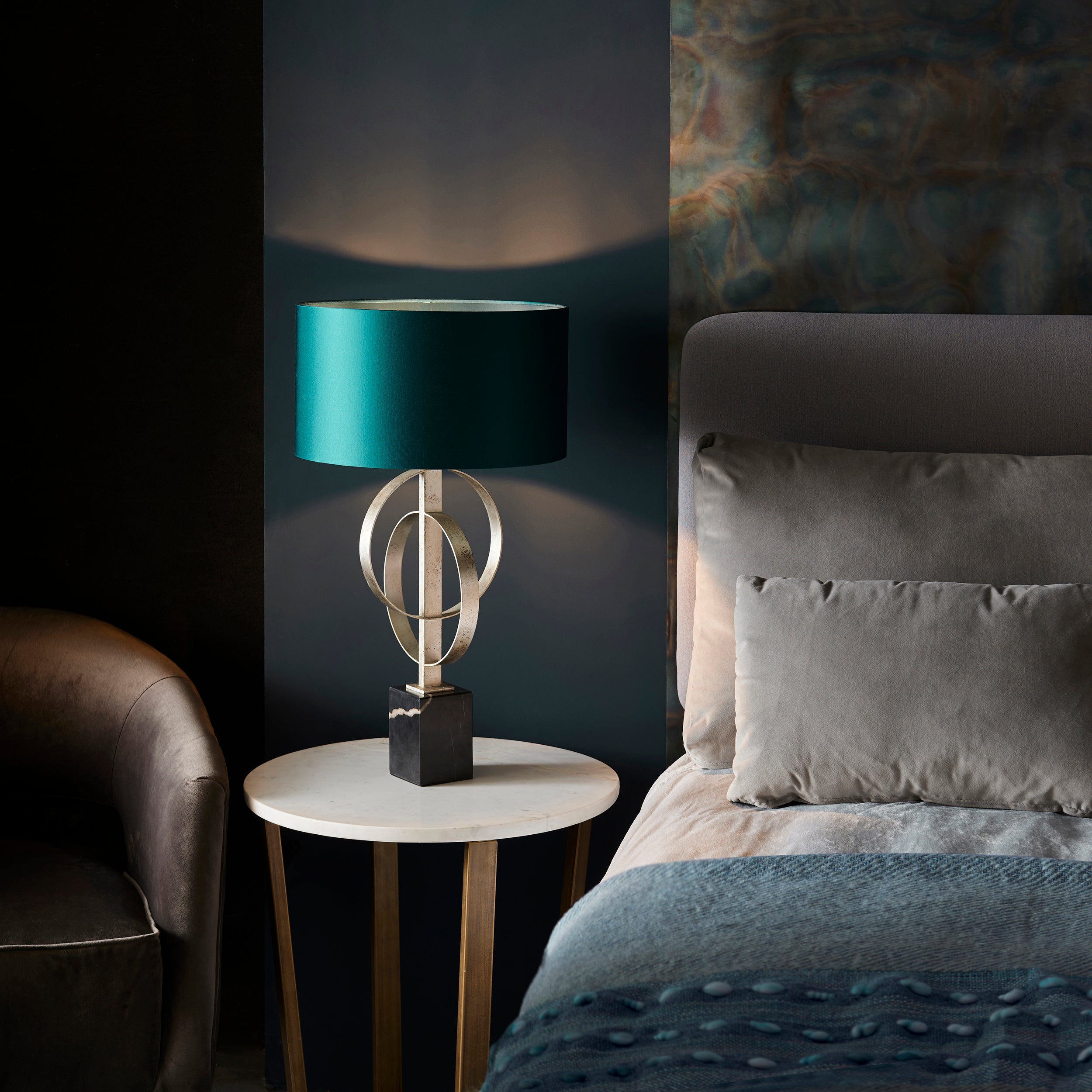 Utopia Interlink Table Lamp - Antique Silver Leaf With Teal Shade
