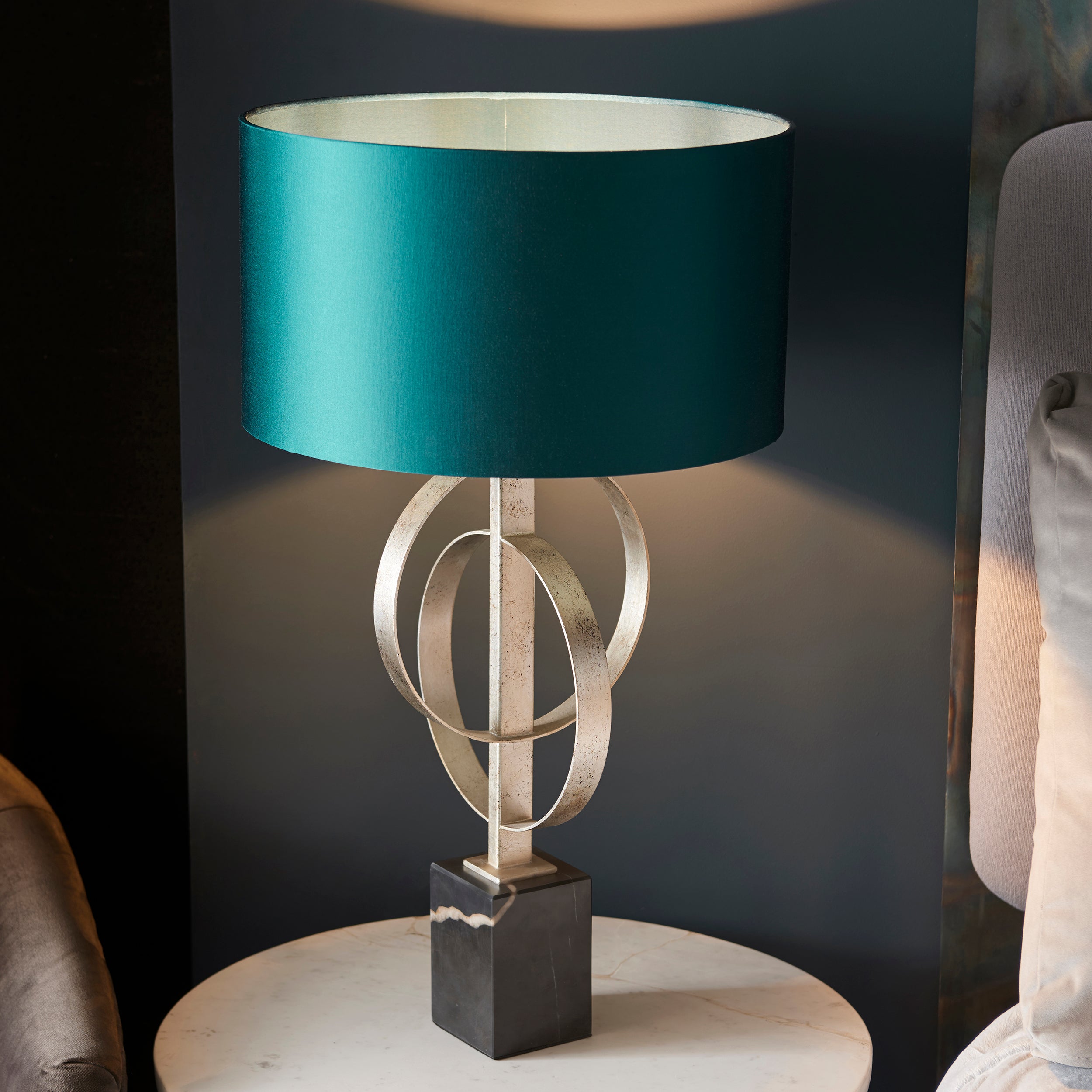 Utopia Interlink Table Lamp - Antique Silver Leaf With Teal Shade