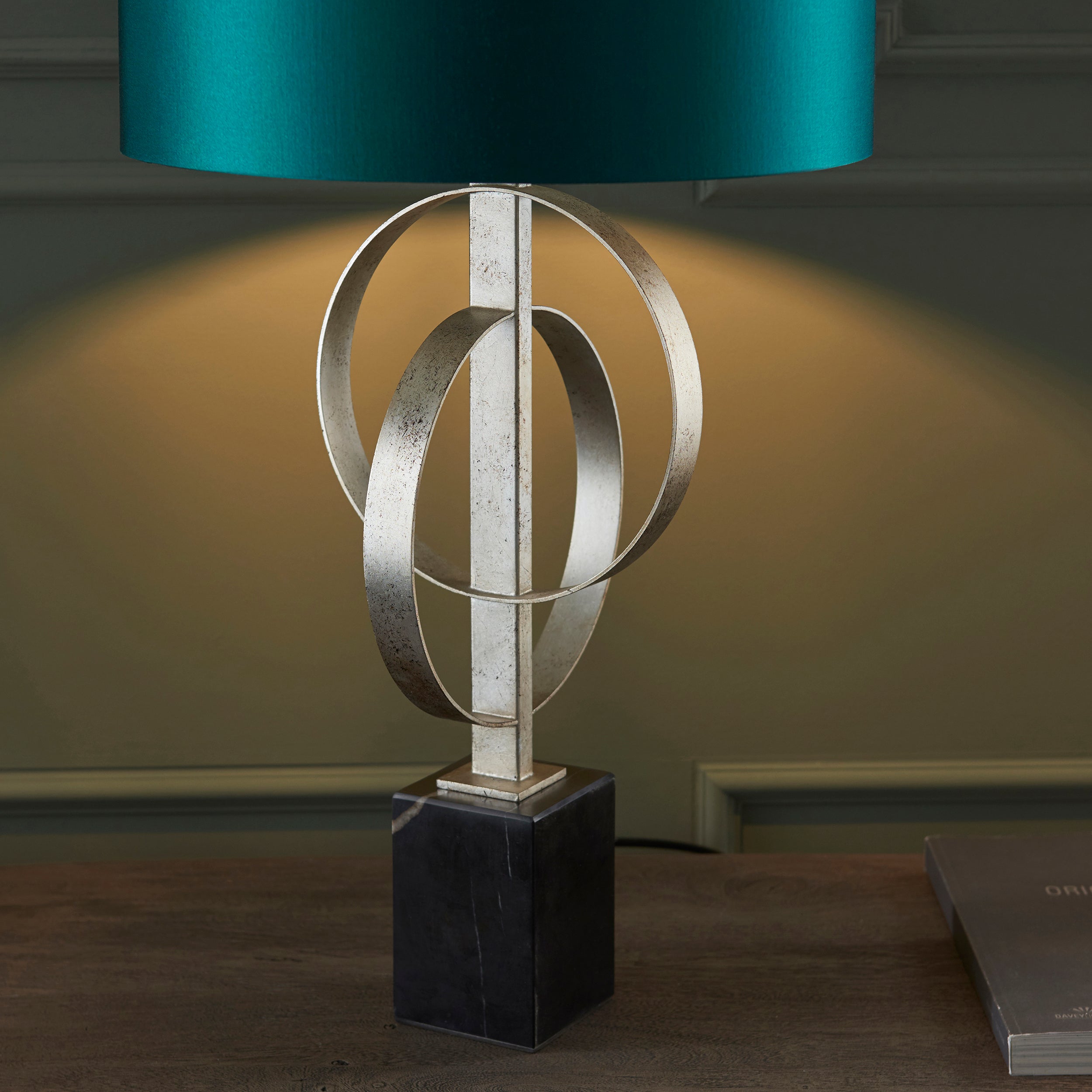 Utopia Interlink Table Lamp - Antique Silver Leaf With Teal Shade