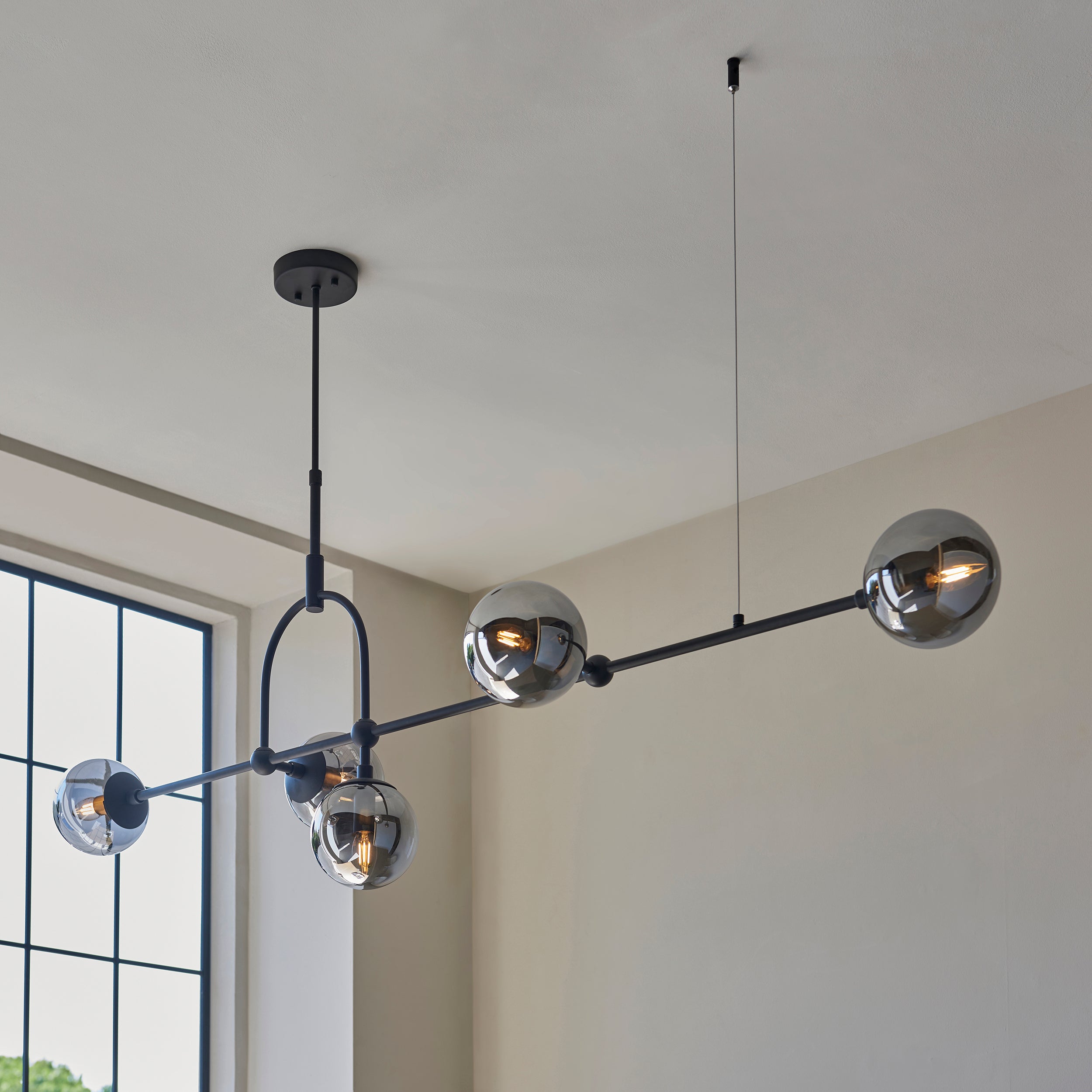 Utopia Sphere 5 Light Linear Pendant - Matt Black & Smoked Mirror Glass
