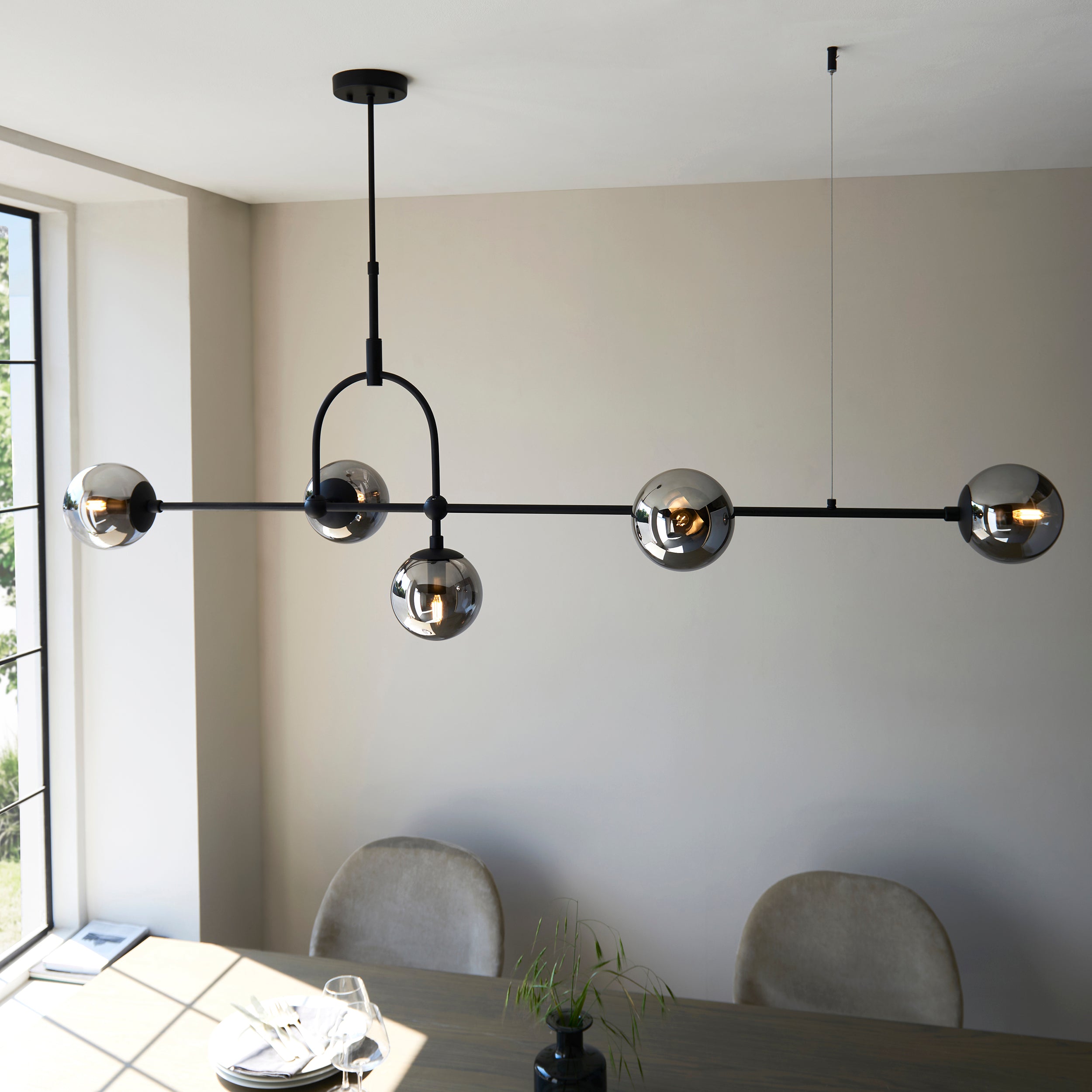 Utopia Sphere 5 Light Linear Pendant - Matt Black & Smoked Mirror Glass
