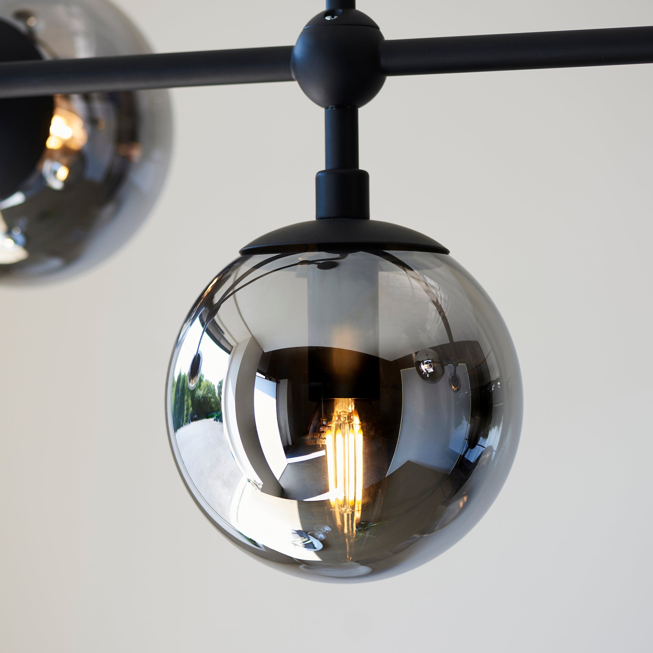 Utopia Sphere 5 Light Linear Pendant - Matt Black & Smoked Mirror Glass