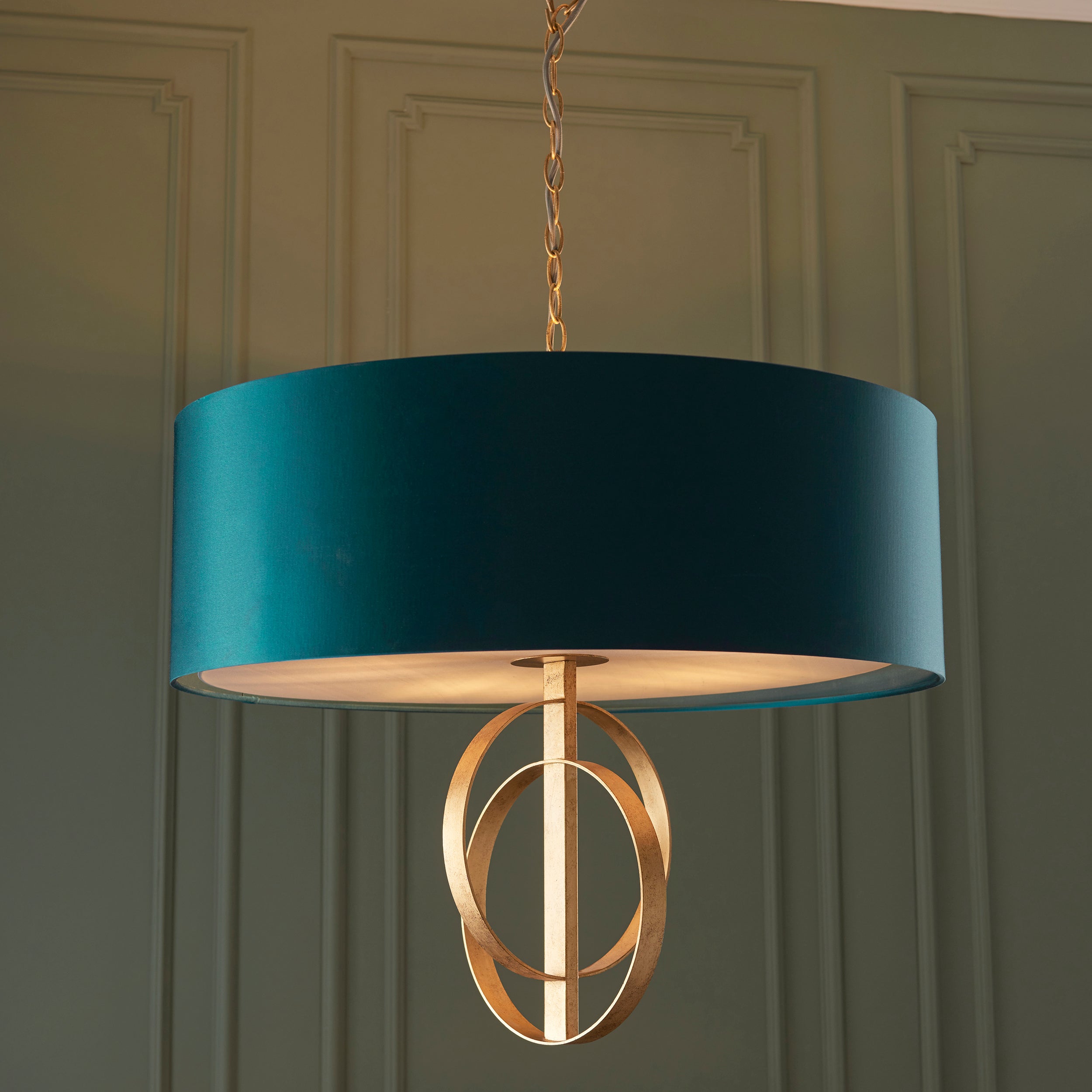 Utopia Interlink 5 Light Pendant - Antique Gold With Teal Shade - 70cm Diameter
