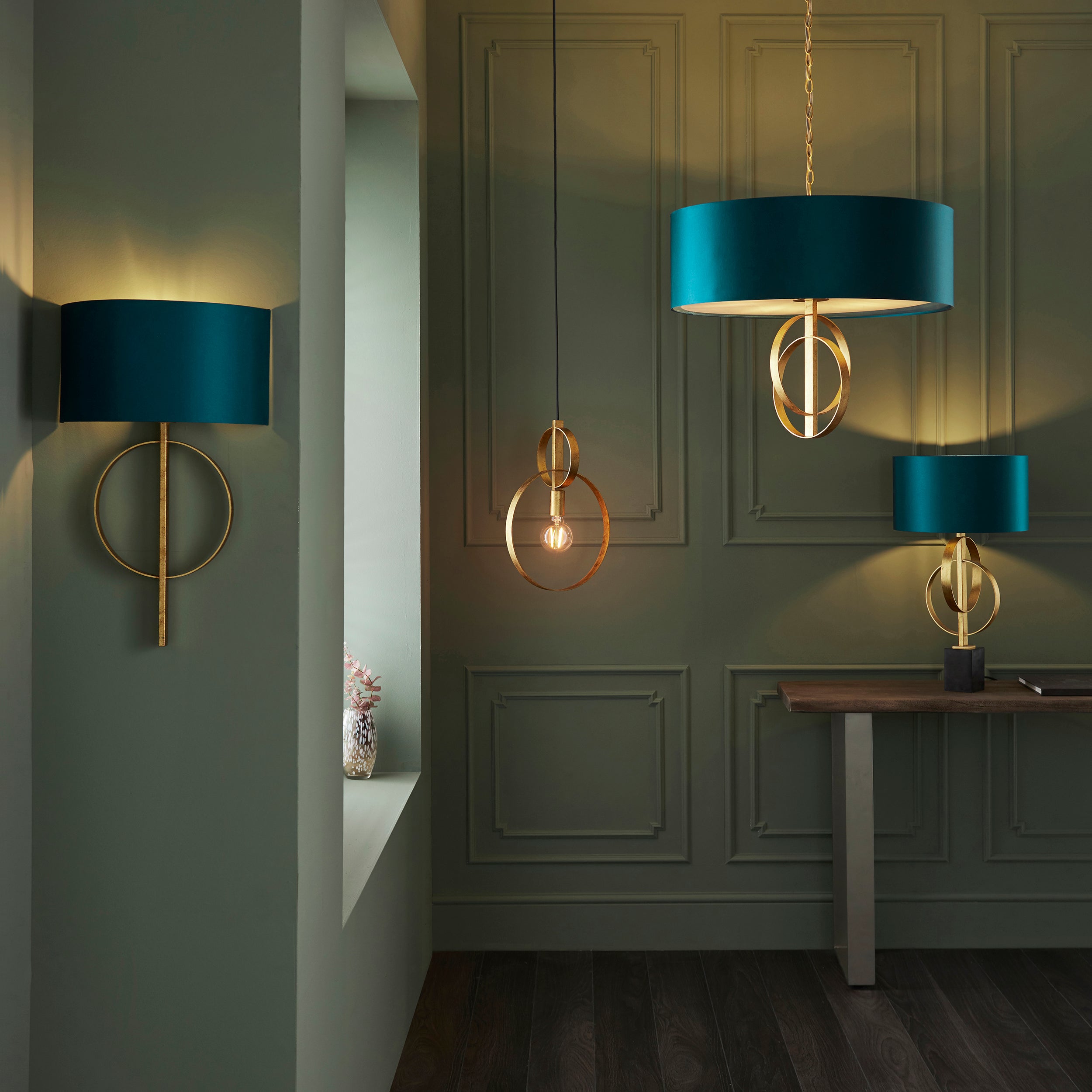 Utopia Interlink 5 Light Pendant - Antique Gold With Teal Shade - 70cm Diameter