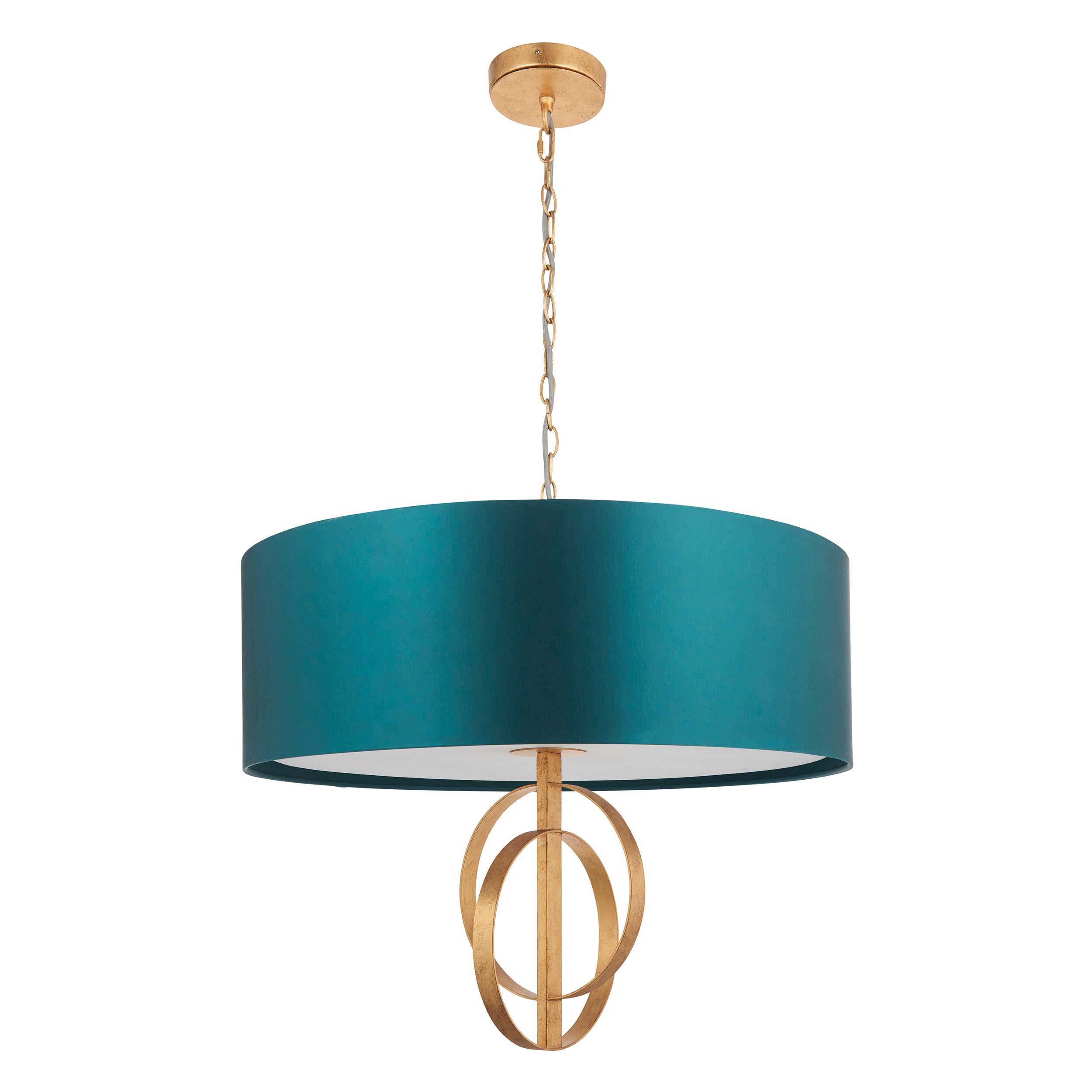 Utopia Interlink 5 Light Pendant - Antique Gold With Teal Shade - 70cm Diameter