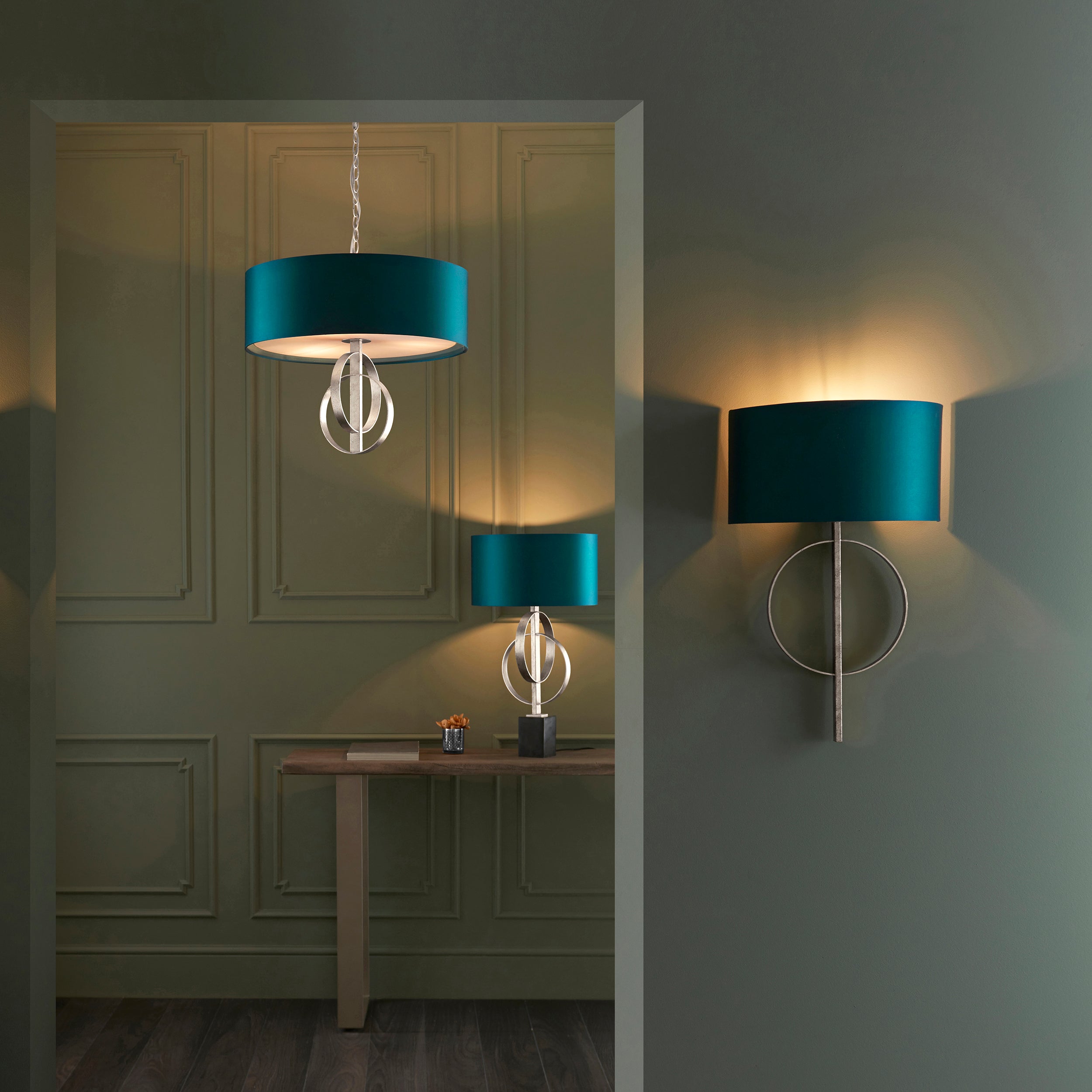 Utopia Interlink 3 Light Pendant - Antique Silver Leaf With Teal Shade - 60cm Diameter