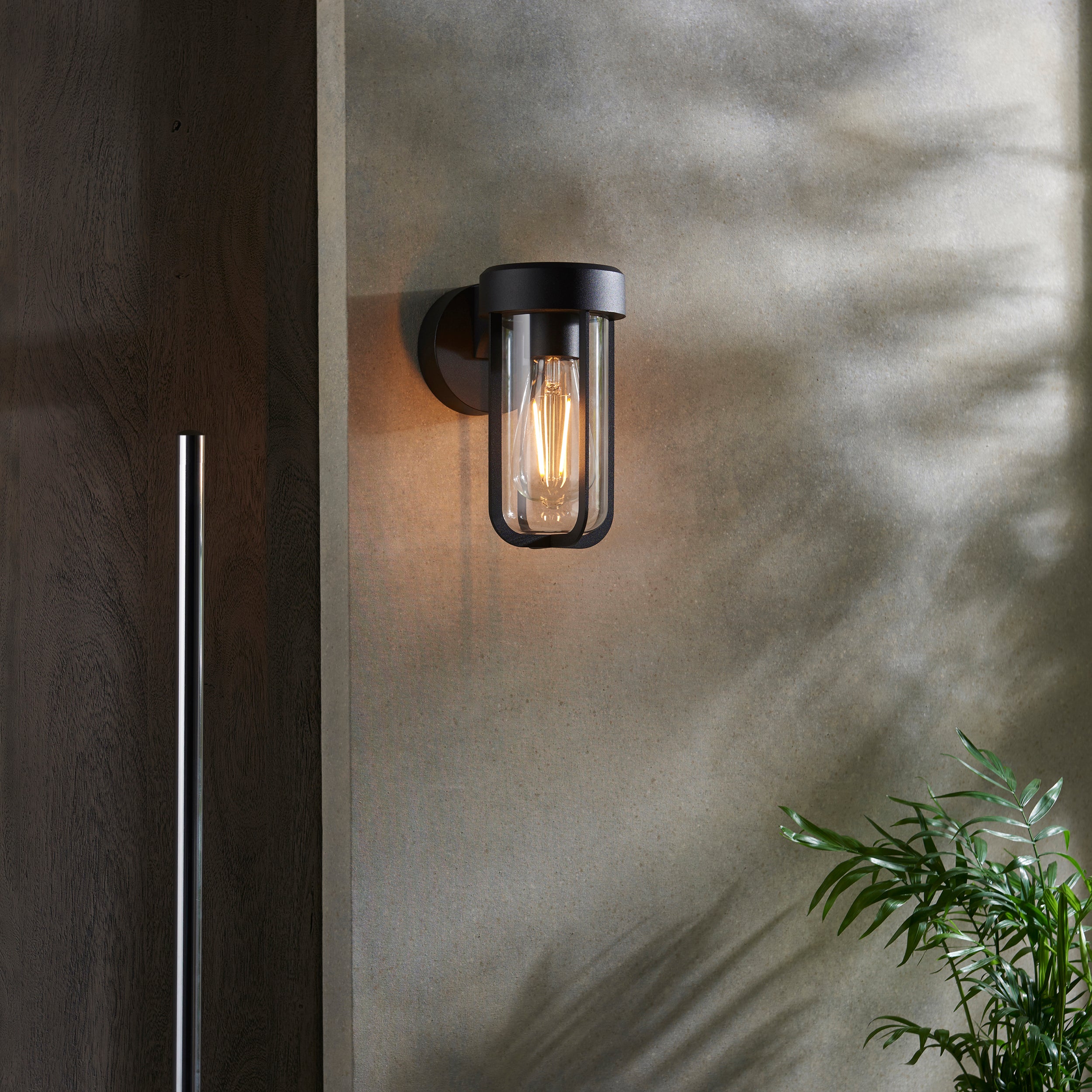 Utopia Pluto IP44 Wall Light - Matt Black And Clear Glass - E27