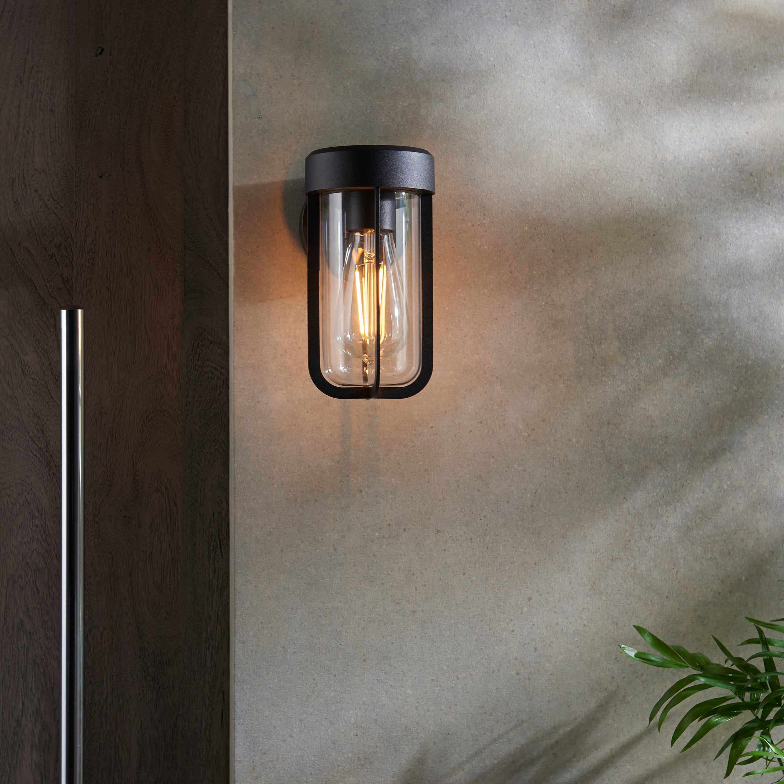 Utopia Pluto IP44 Wall Light - Matt Black And Clear Glass - E27