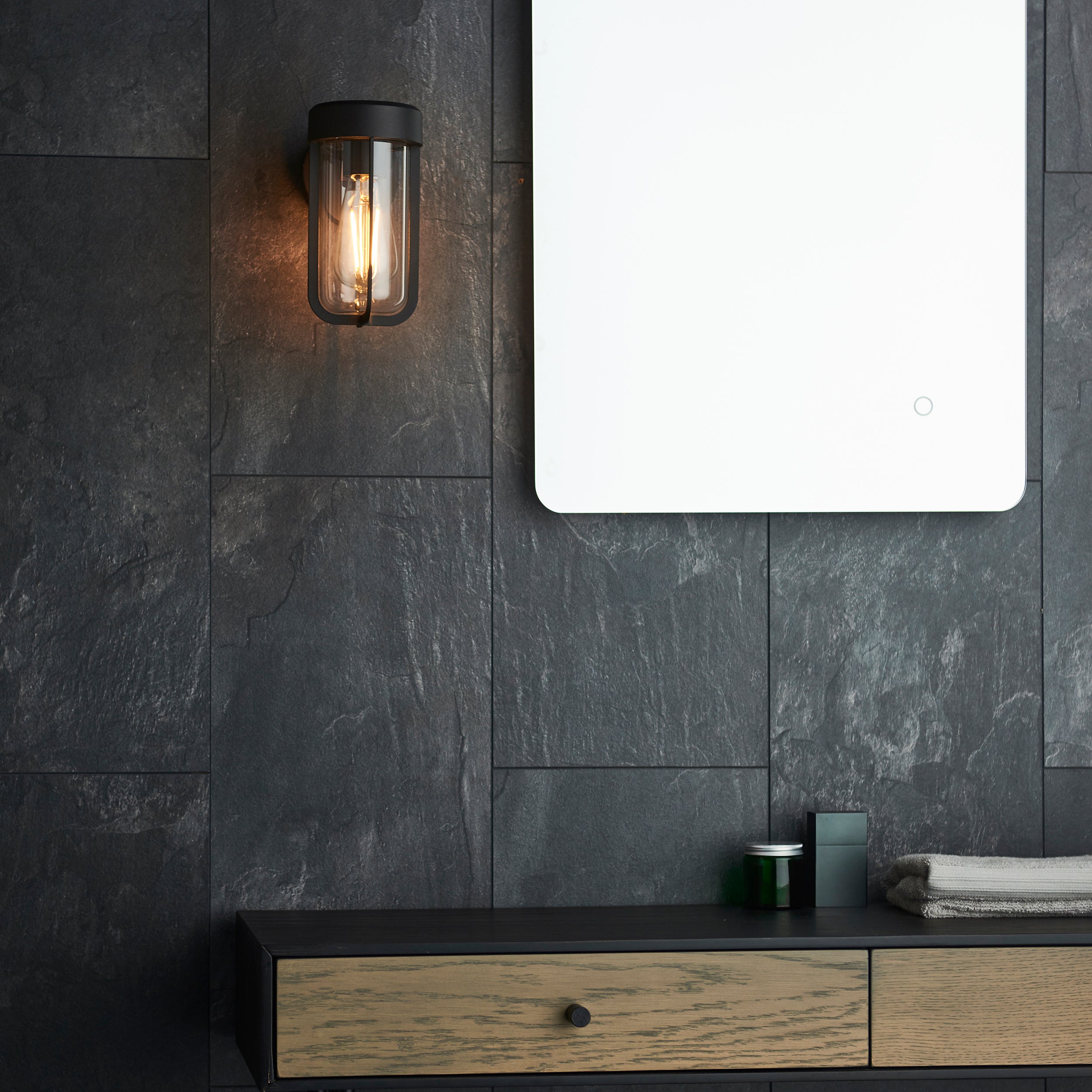 Utopia Pluto IP44 Wall Light - Matt Black And Clear Glass - E27