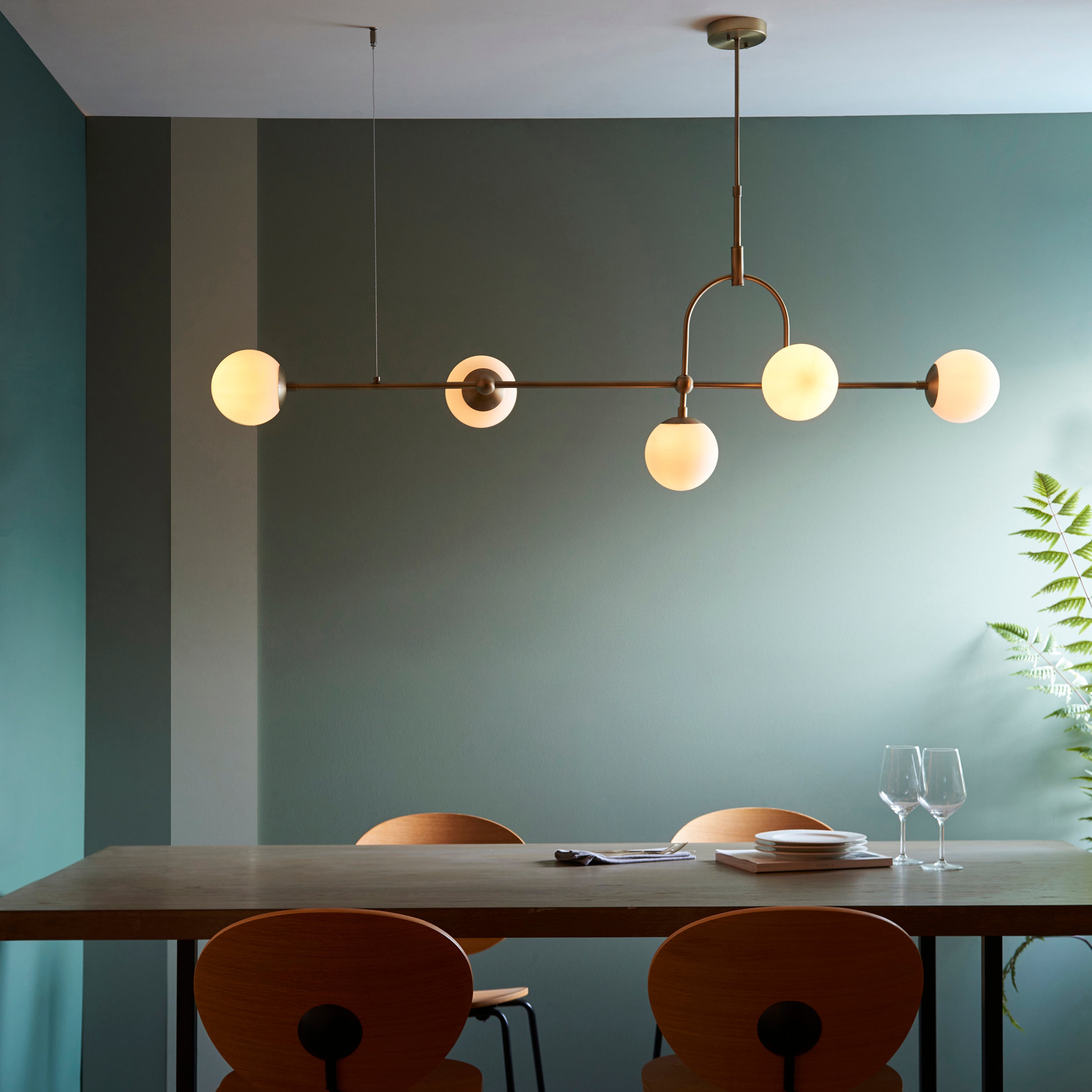 Utopia Sphere 5 Light Linear Pendant - Antique Brass - Length 162cm