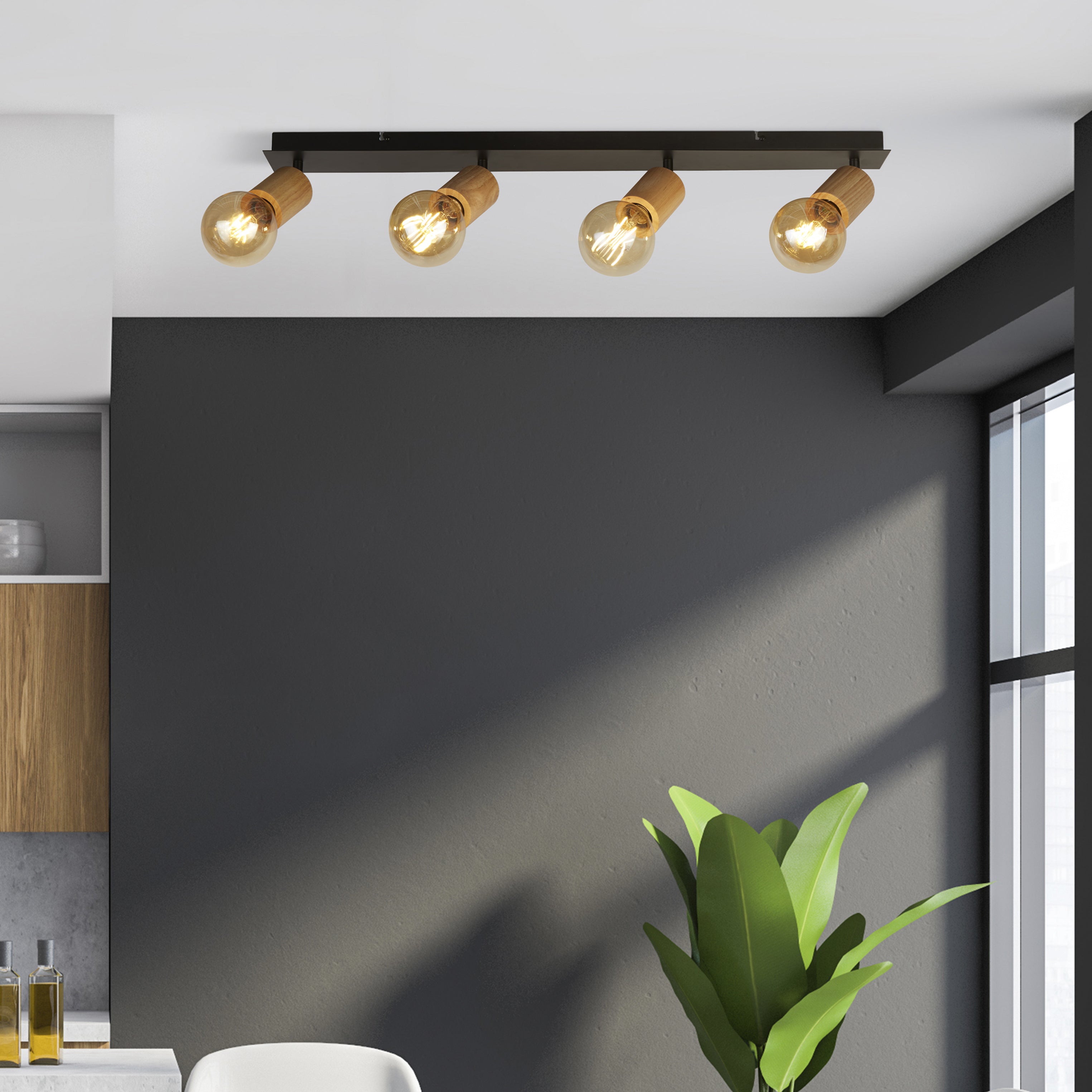 Searchlight South 4 Light Bar Spotlight- Wood & Black Metal