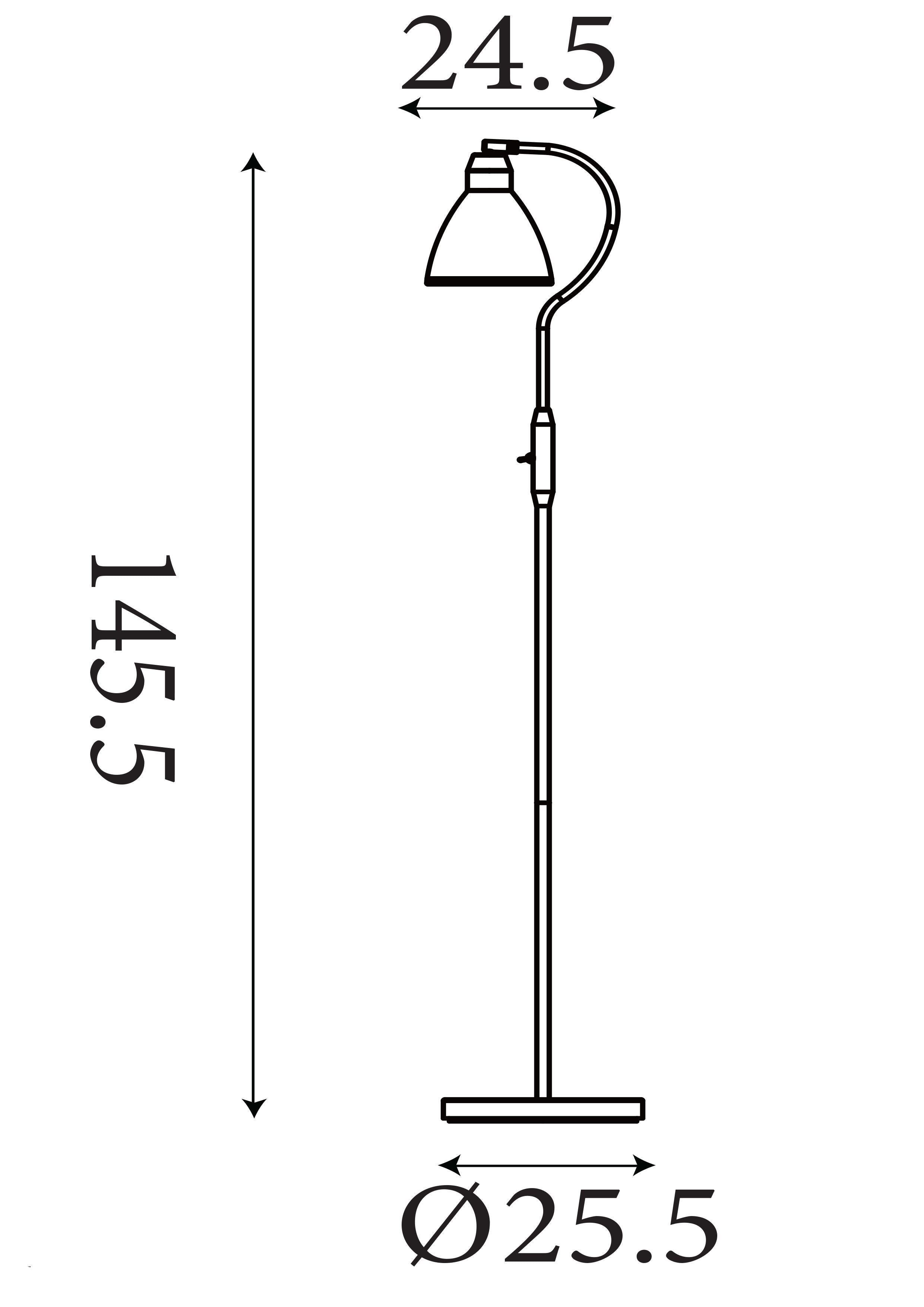 Technical line drawing of the Adjustable Floor Lamp showing a height of 145.5cm and base diameter of 25.5cm