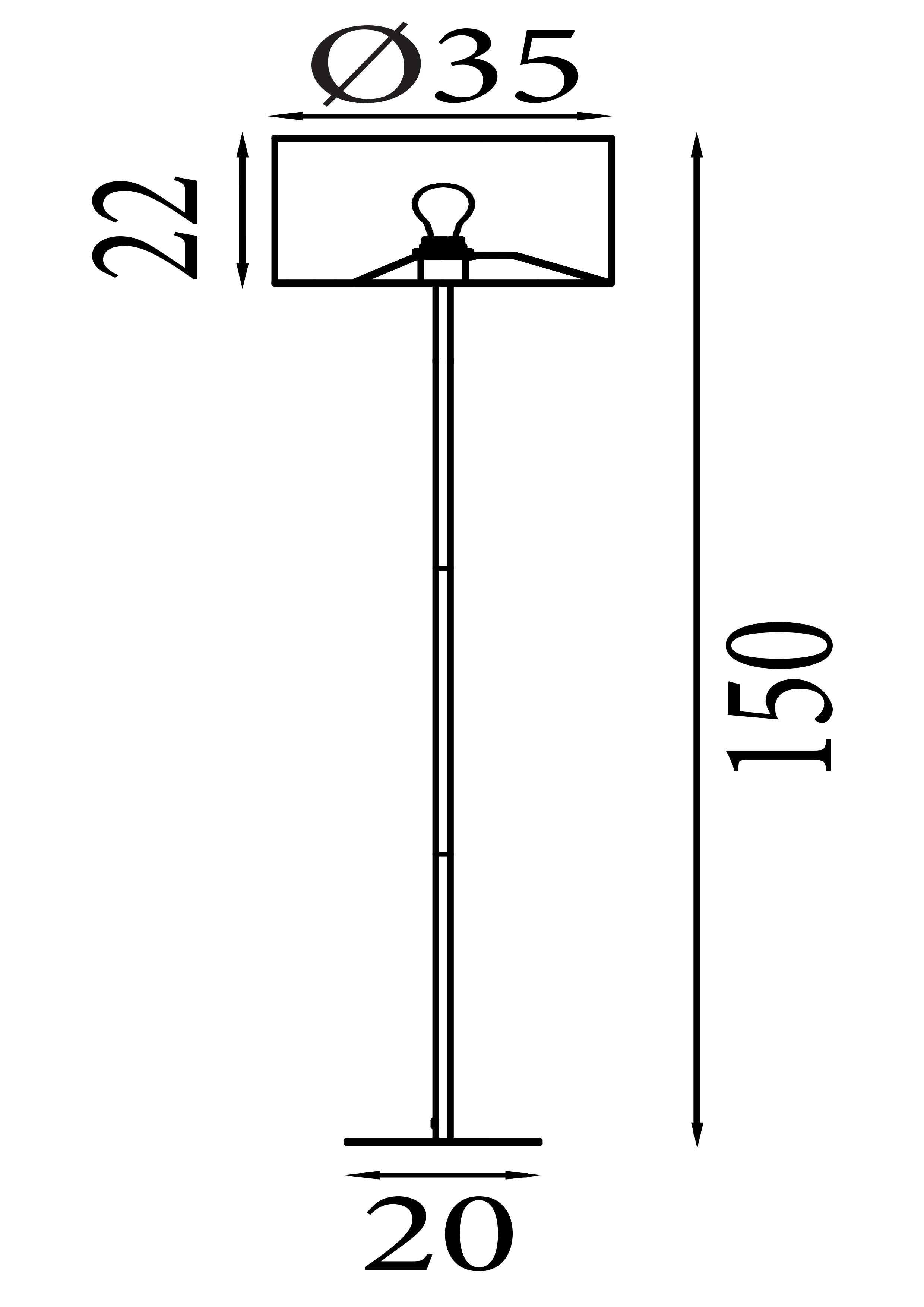Technical line drawing of the Chelsea floor lamp showing a 150cm height, 35cm shade diameter and 20cm square base