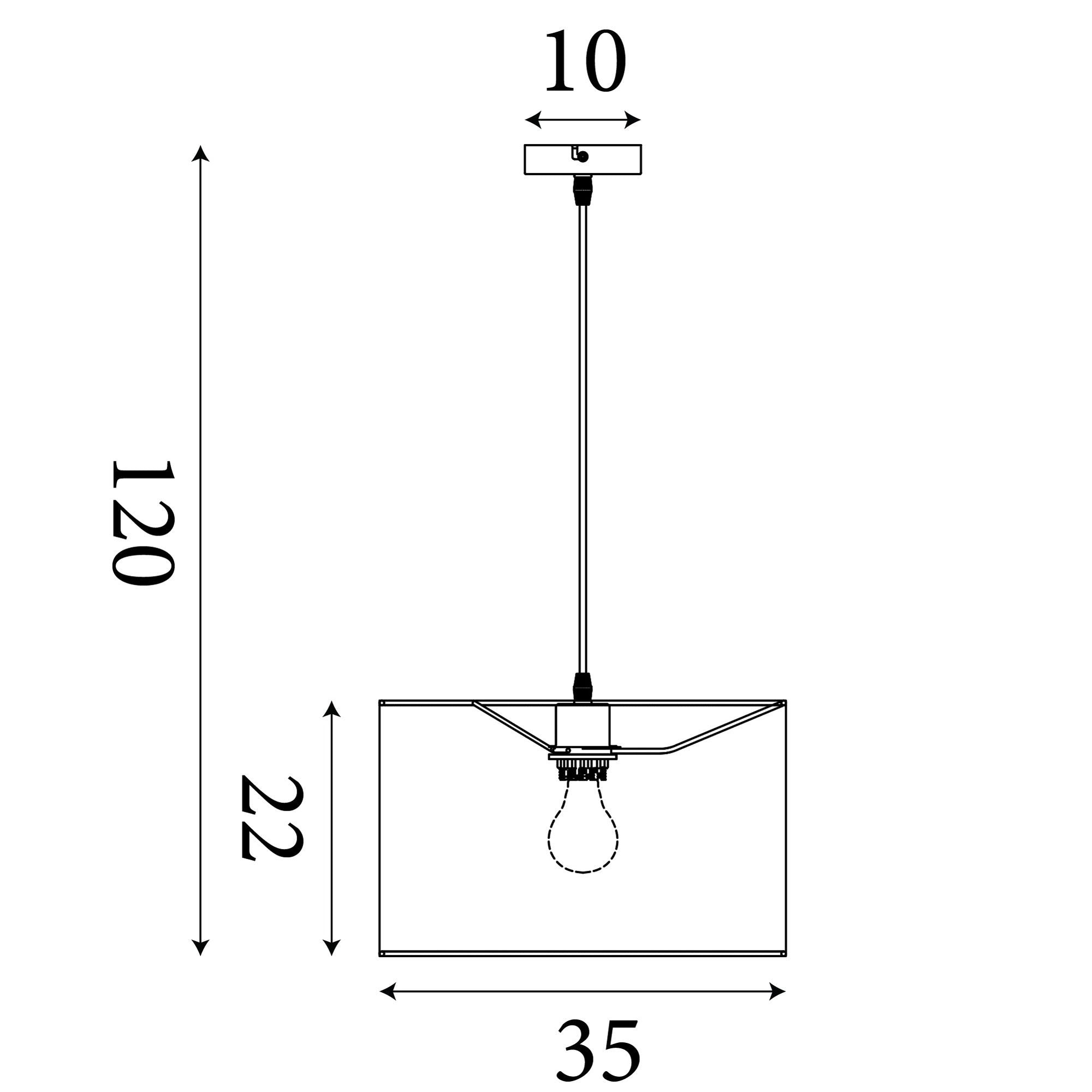 Technical line drawing of the Chelsea pendant showing a 120cm drop, 35cm shade diameter and 10cm ceiling plate