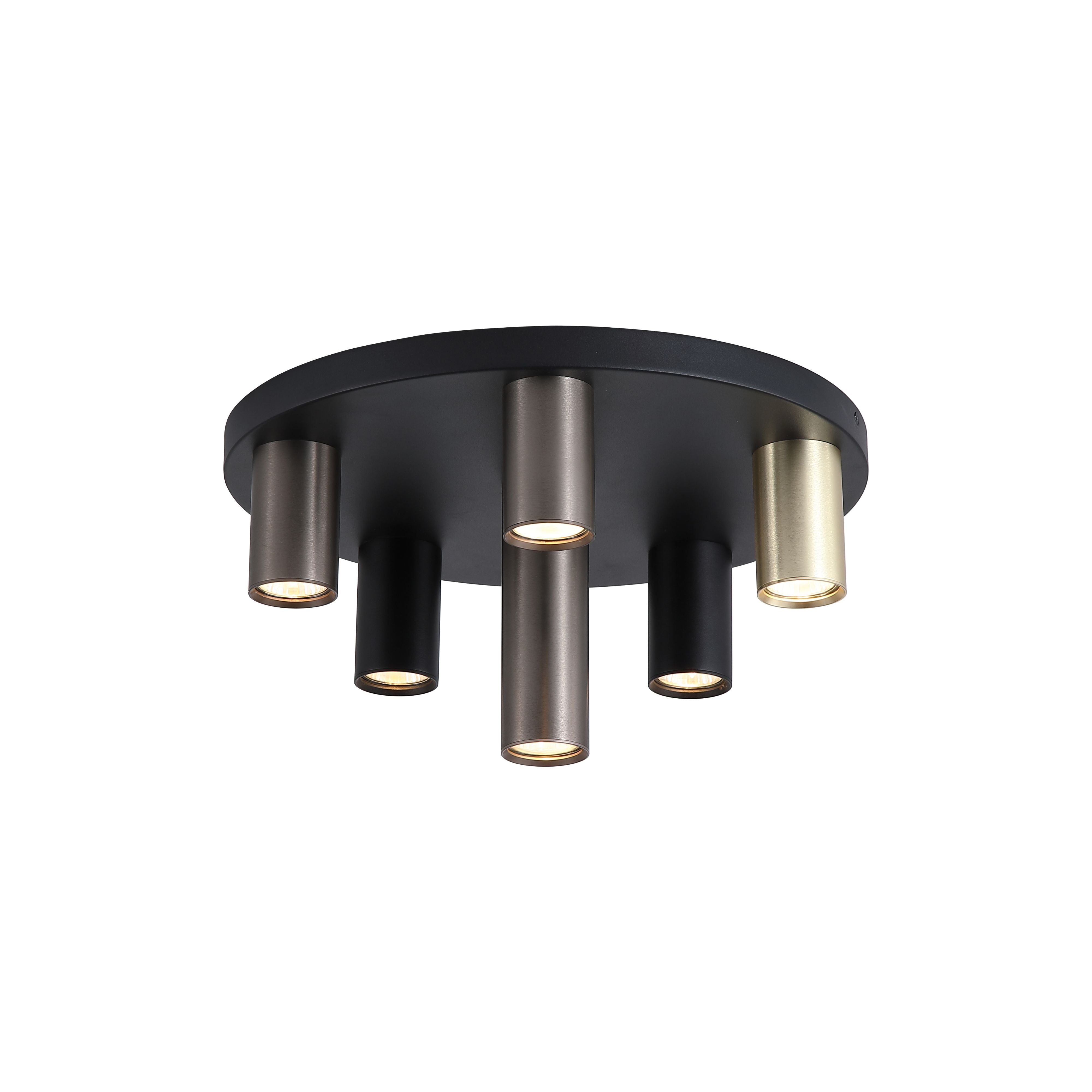 Searchlight Tubes 6 Light Flush 40cm on a plain white background, showing six adjustable spotlight tubes in black, anodised bronze and brass on a round ceiling plate
