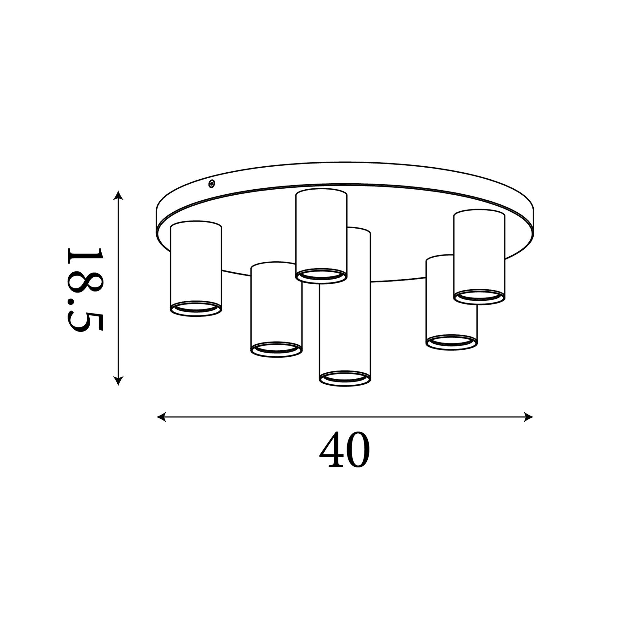 Technical dimension diagram of the Searchlight Tubes 6 Light Flush 40cm showing 40cm width and 18.5cm height
