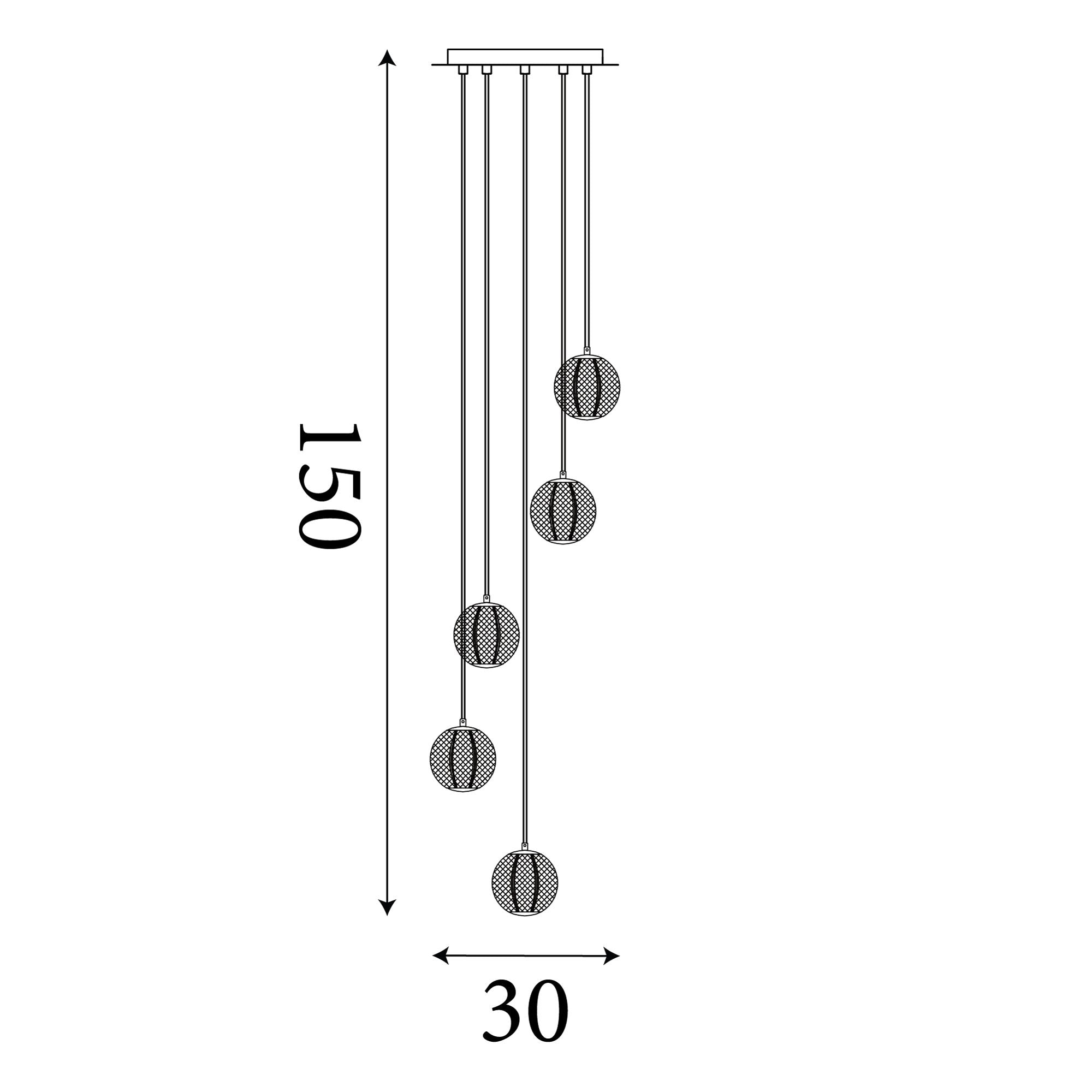 Technical drawing of the Allure 5 light multi drop pendant showing dimensions, 30cm wide with a maximum drop of 150cm