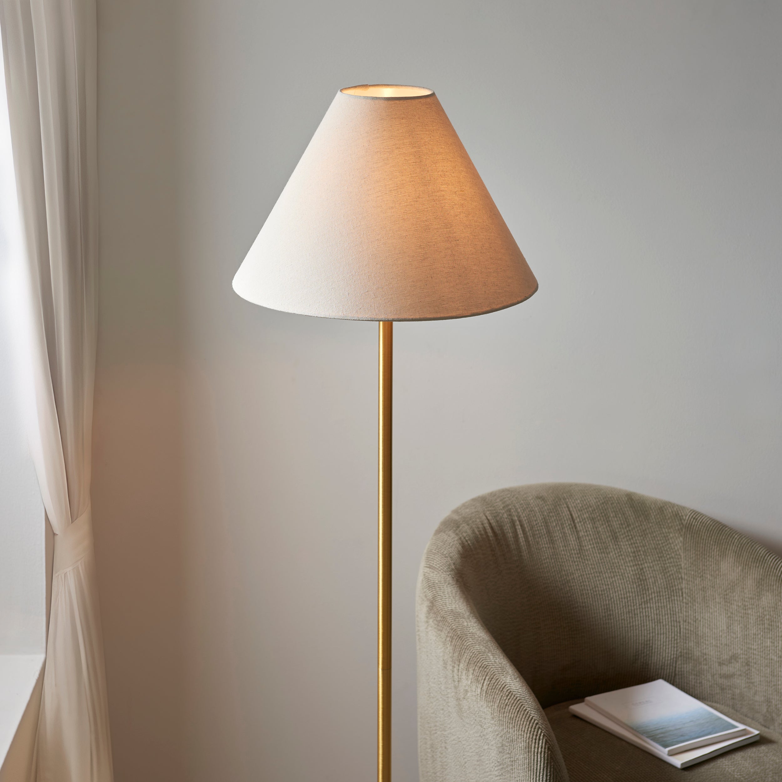 Utopia Pinnacle White Marble Single Floor Lamp - Brushed Aged Brass & Natural Tapered Shade