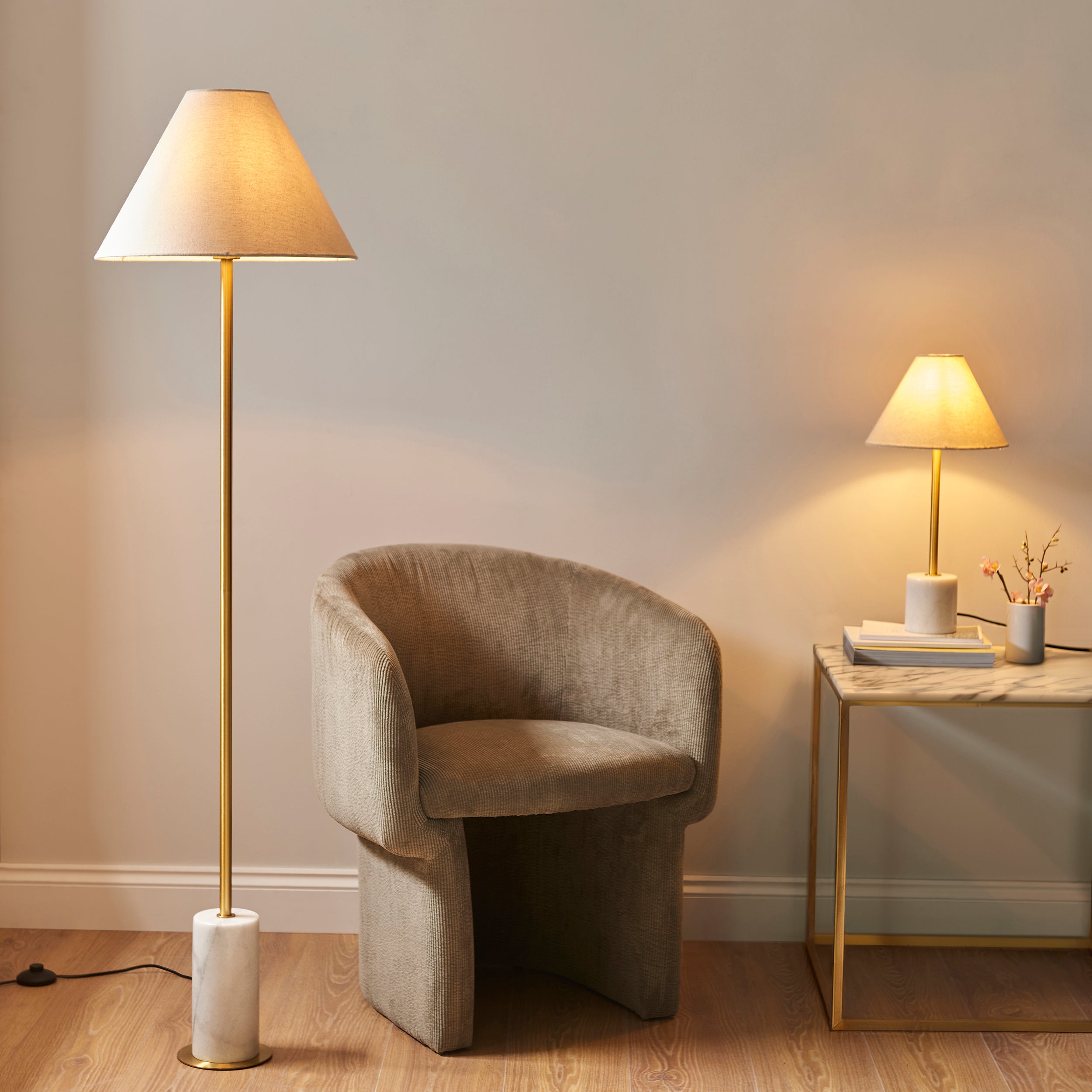 Utopia Pinnacle White Marble Single Floor Lamp - Brushed Aged Brass & Natural Tapered Shade
