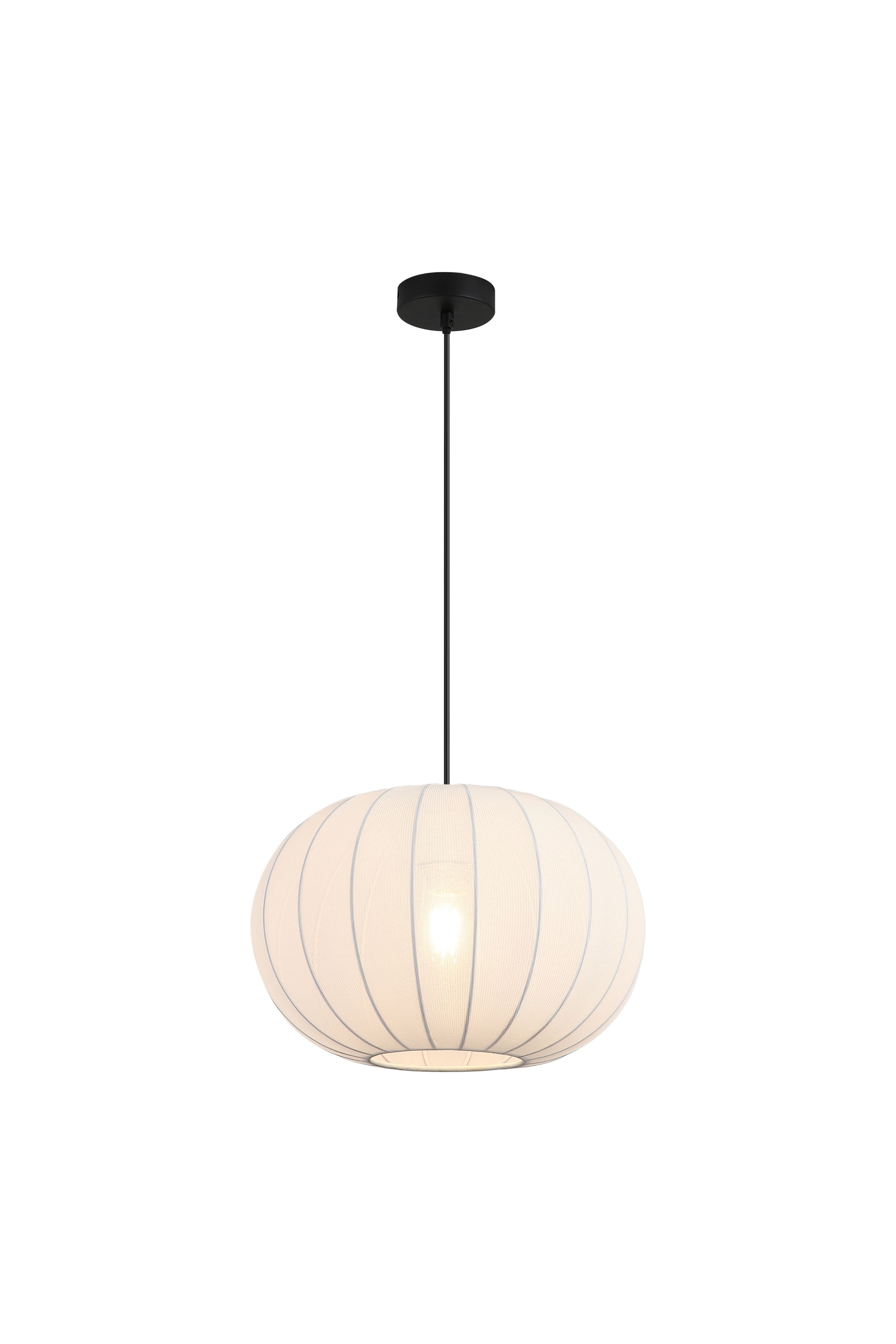 Searchlight Radiant pendant light, a rounded white ribbed fabric shade on a black ceiling rose, lit and glowing