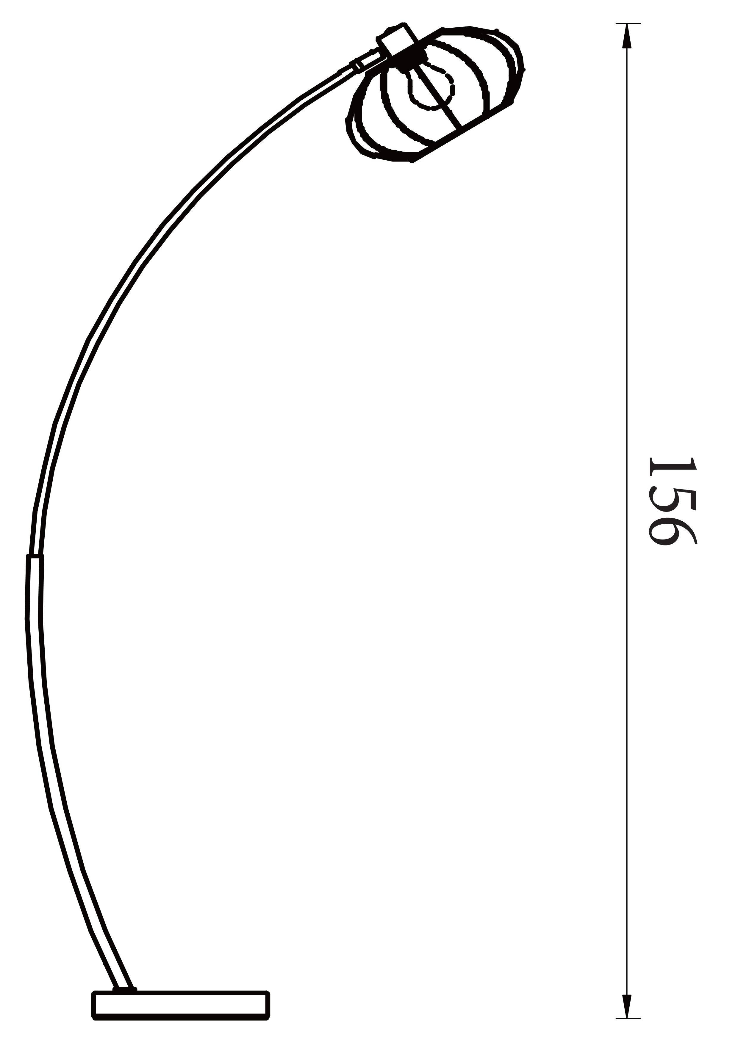 Technical line drawing of the Radiant floor lamp showing a 156cm overall height