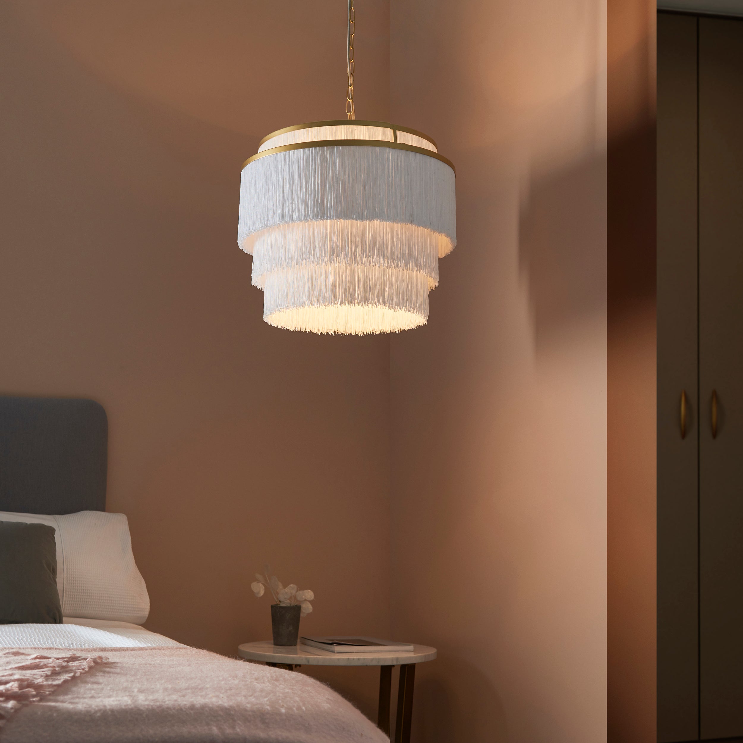 Utopia Gatsby 3 Light Pendant - Matt Gold With White Fringe Shade - 50cm Diameter