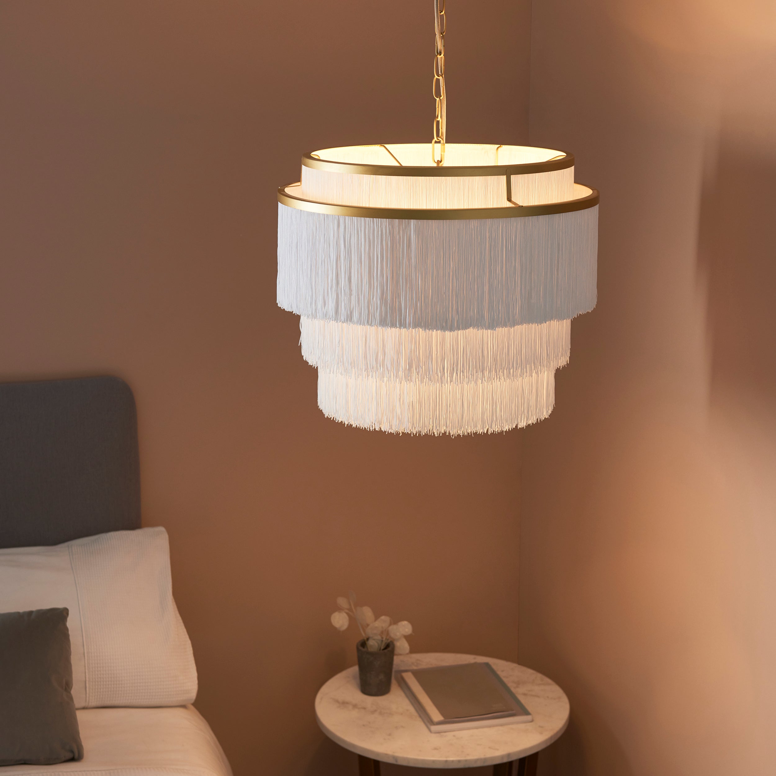 Utopia Gatsby 3 Light Pendant - Matt Gold With White Fringe Shade - 50cm Diameter
