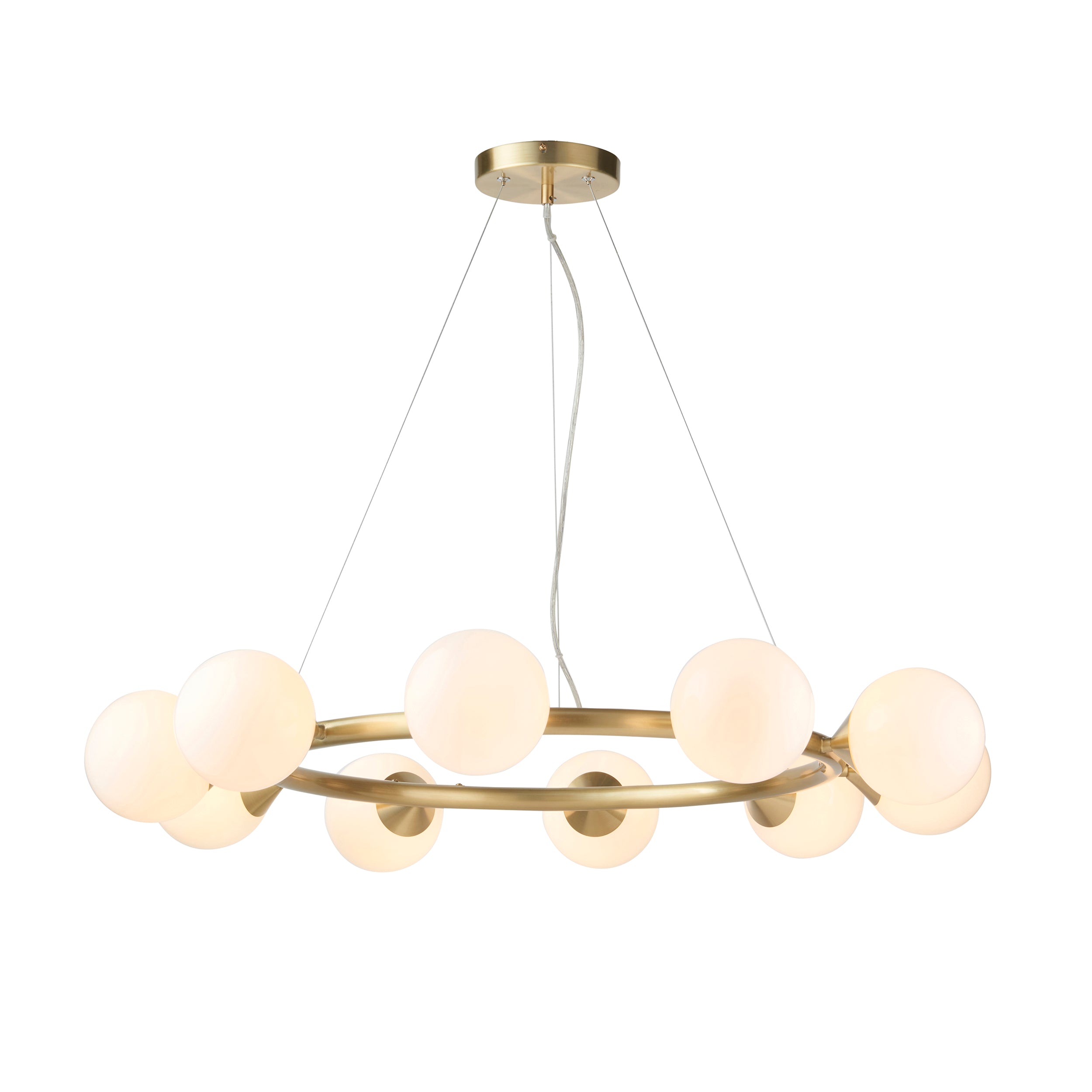 Utopia Lustre 10 Light Ring Pendant - Satin Brass Plate & Gloss White Glass