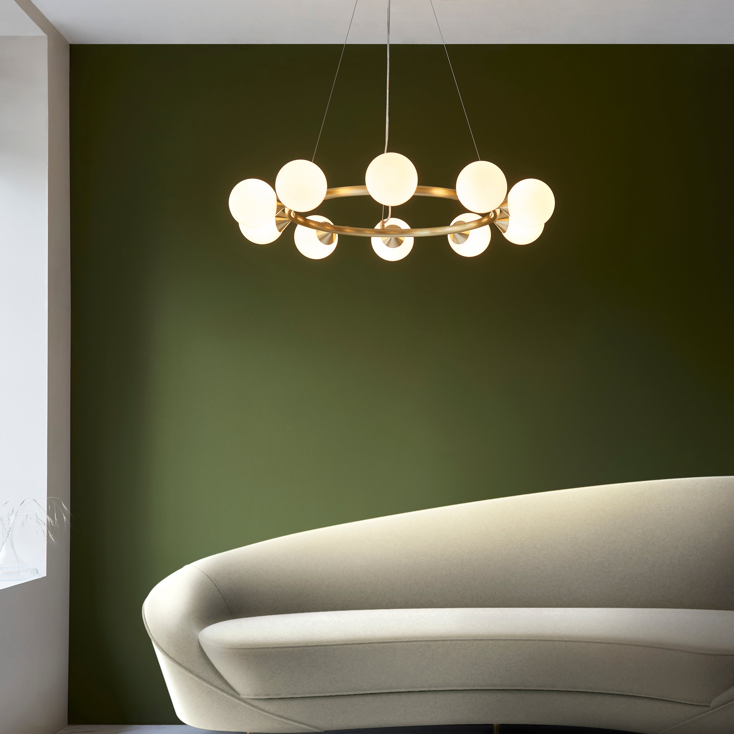 Utopia Lustre 10 Light Ring Pendant - Satin Brass Plate & Gloss White Glass