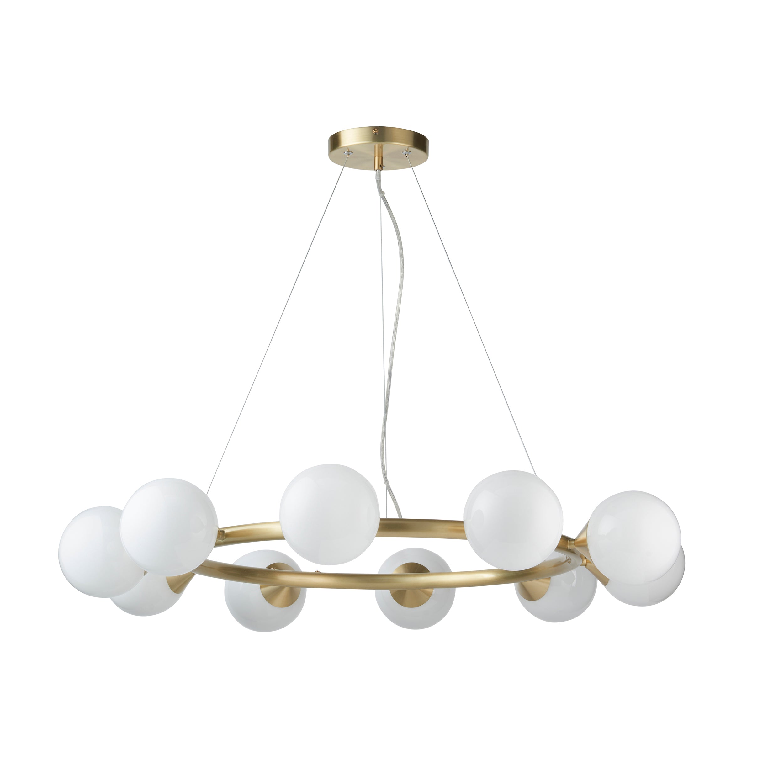 Utopia Lustre 10 Light Ring Pendant - Satin Brass Plate & Gloss White Glass