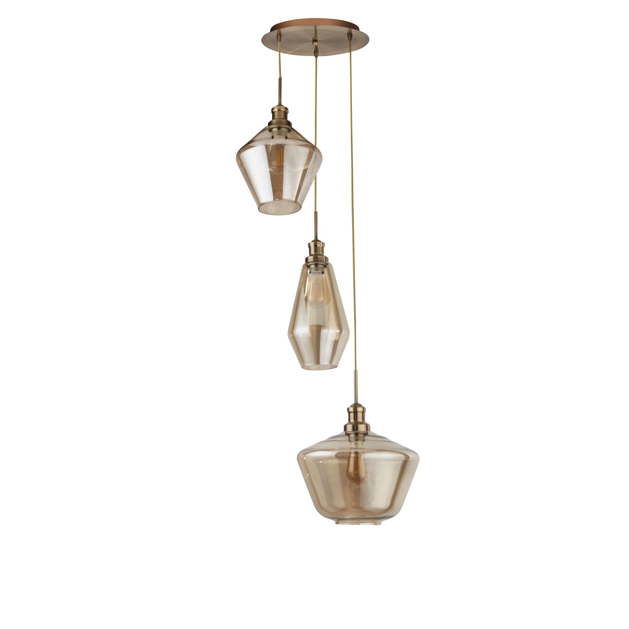 Searchlight Mia 3 light multi drop pendant in antique brass, side angle showing the hexagonal cone, teardrop and bell shaped amber glass shades